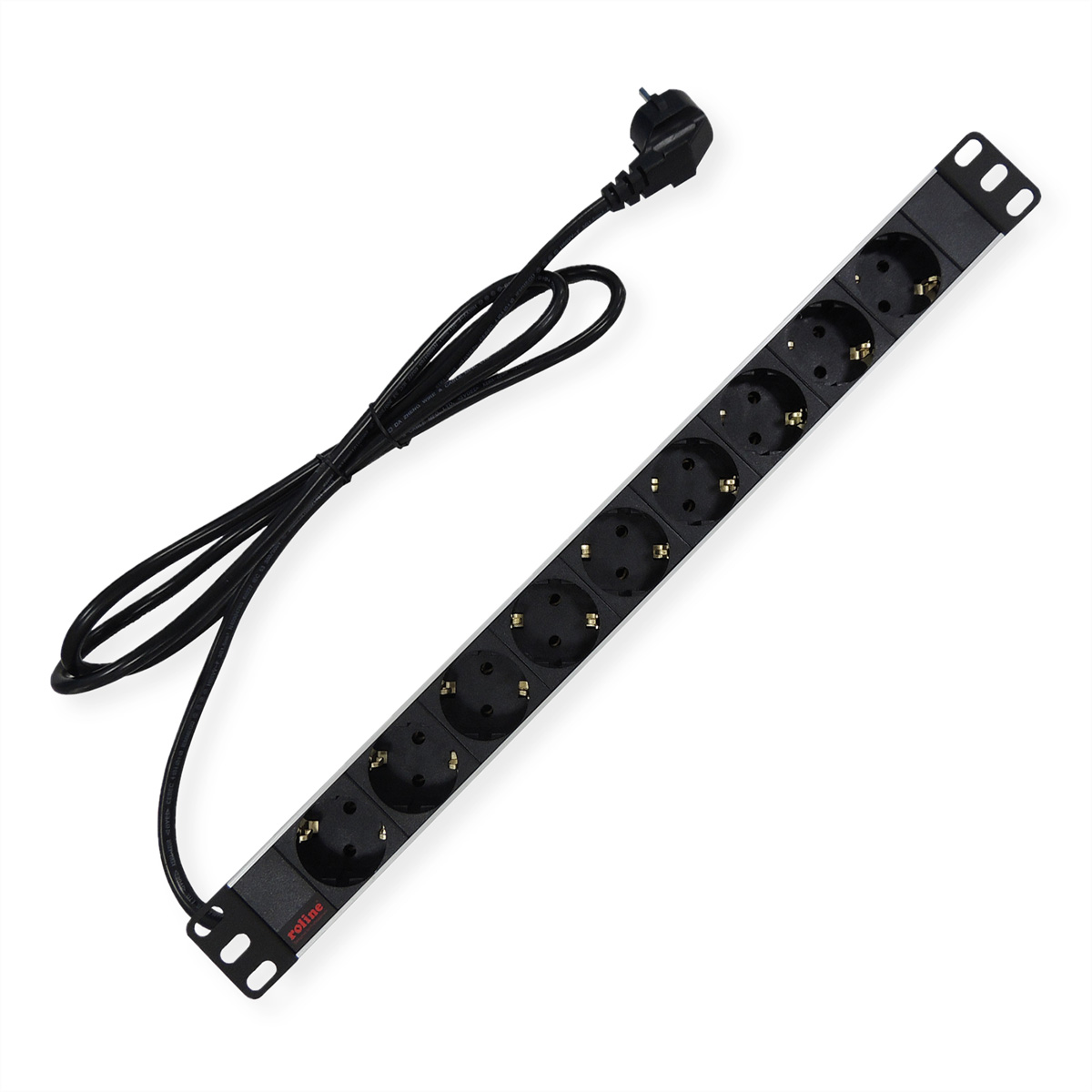 Schwarze Steckdosenleiste mit schwarzem Kabel und Stecker. Weißer Hintergrund.