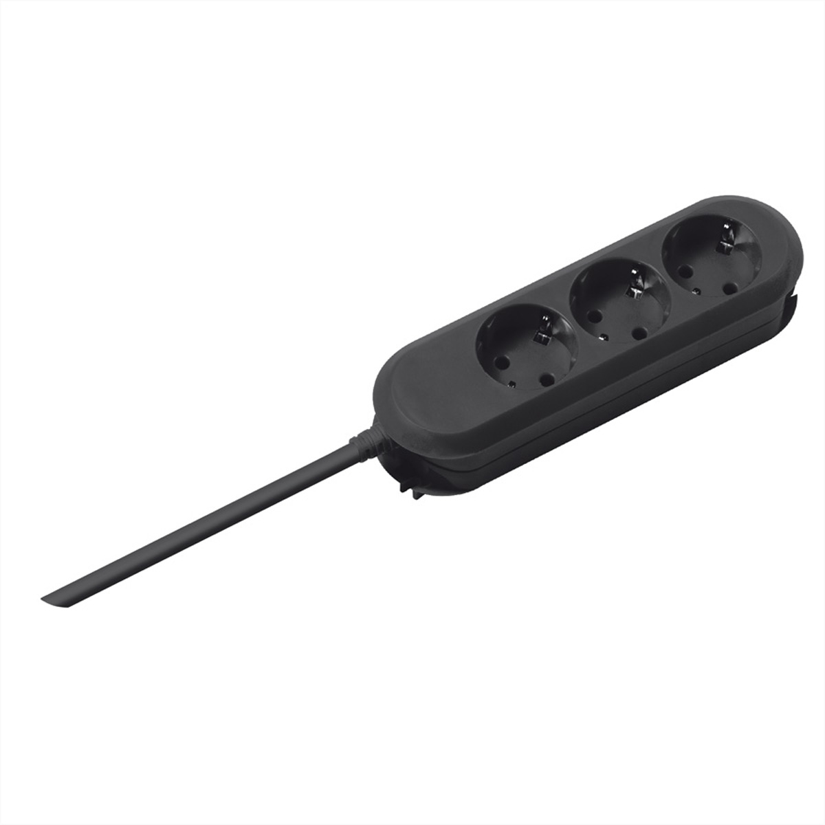 Eine schwarze Steckdosenleiste mit 3 Steckdosen und einem Netzkabel.