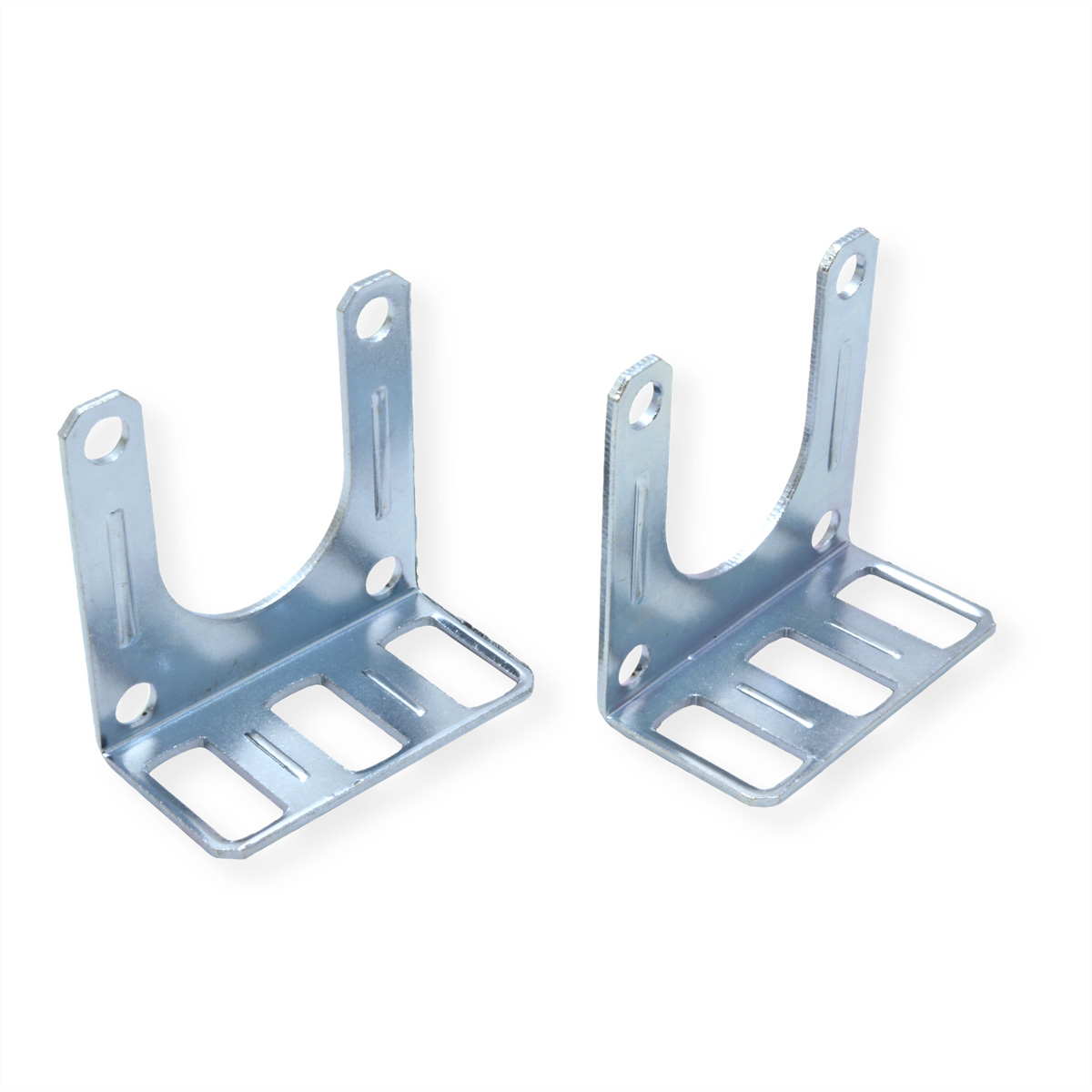 Dwa srebrne metalowe wsporniki w kształcie litery U z otworami. Umieszczone na białym tle.