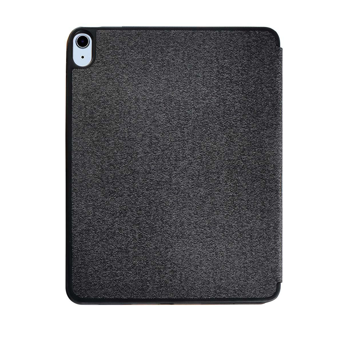 Eine geschlossene, dunkelgraue Hülle, ein schwarzes iPad Air ist darin.