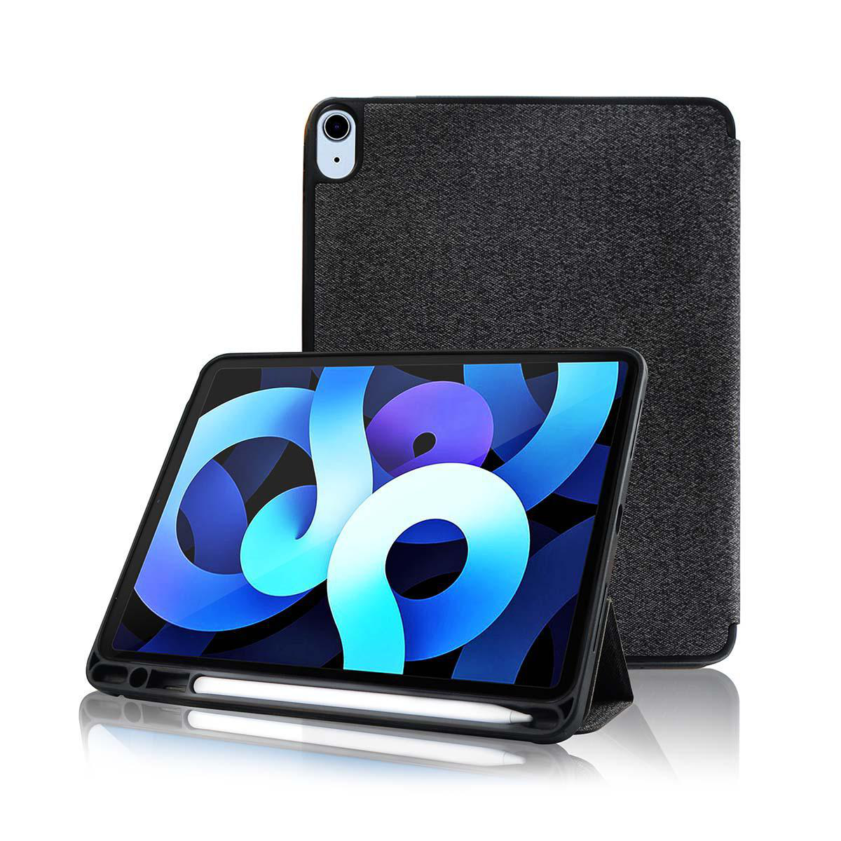 Ein iPad Air mit Hülle und Stift. Der Bildschirm zeigt ein farbenfrohes Design.