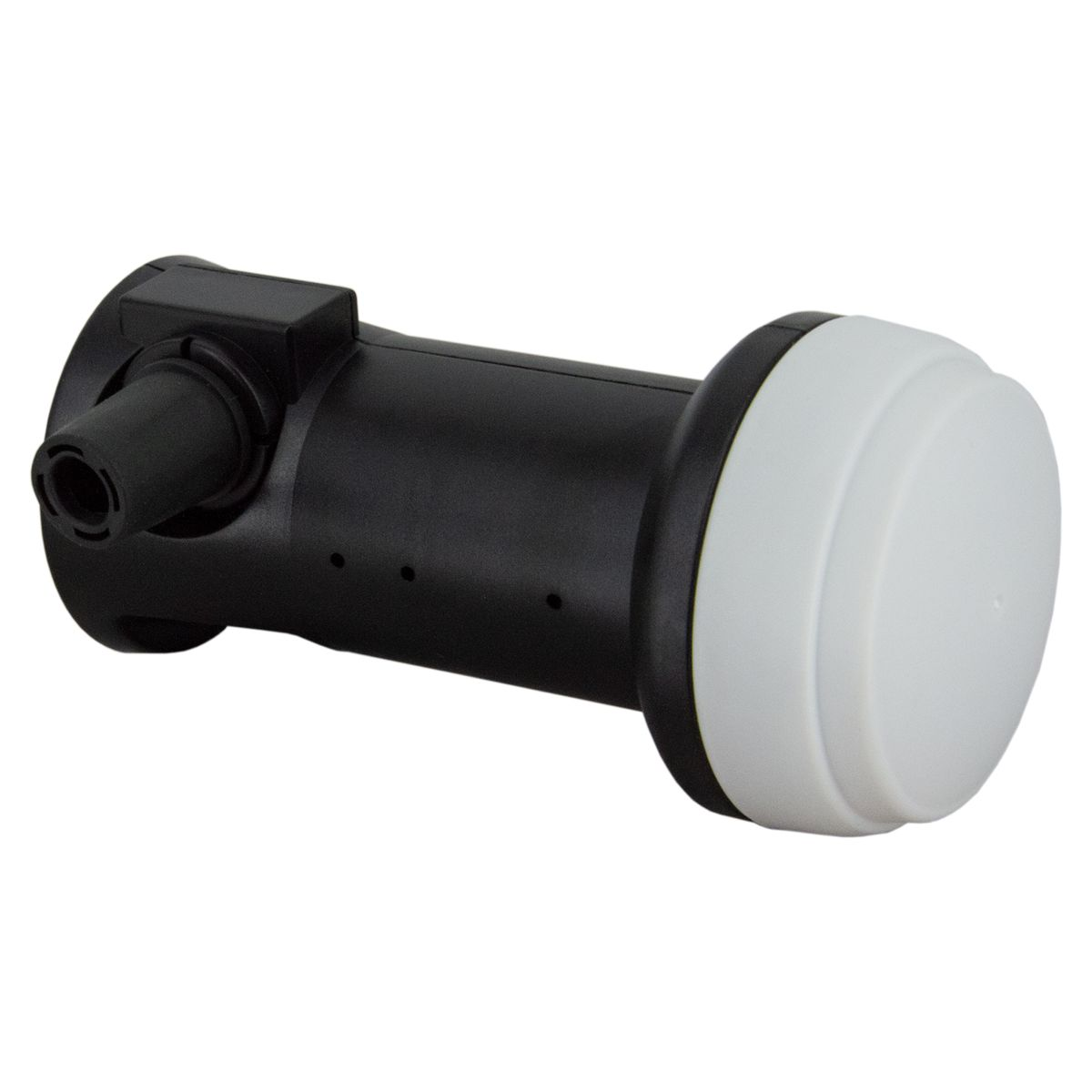 Schwarzes und weißes Satelliten-LNB-Gerät mit zylindrischem Design.
