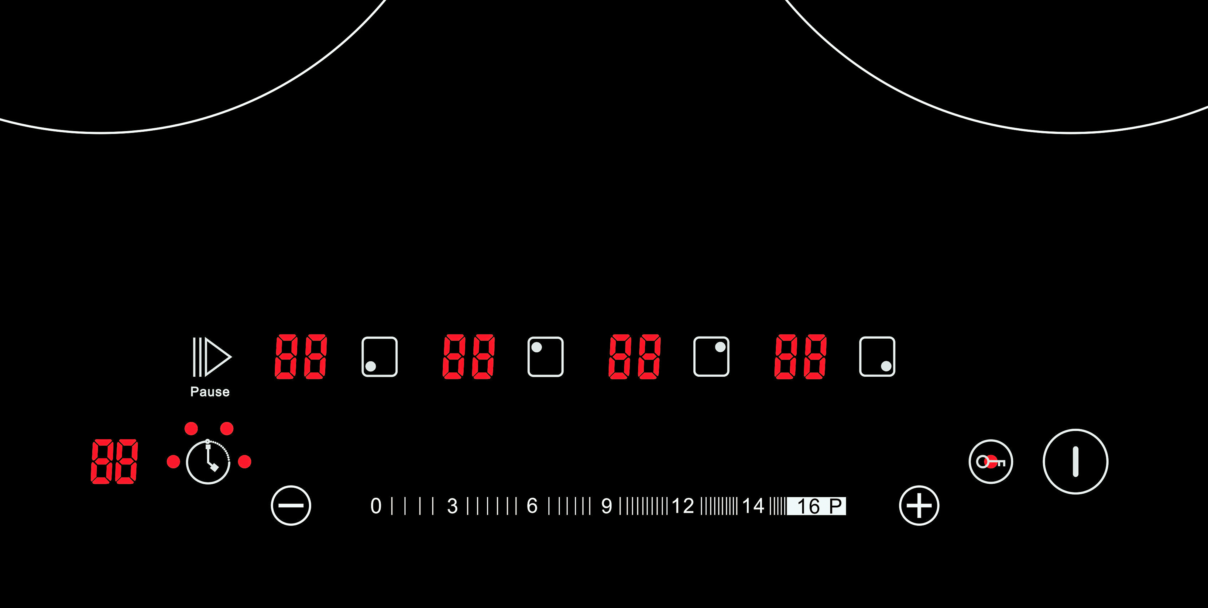 Nahaufnahme eines schwarzen Kochfelds mit Digitalanzeige, die Zahlen und Symbole zeigt.