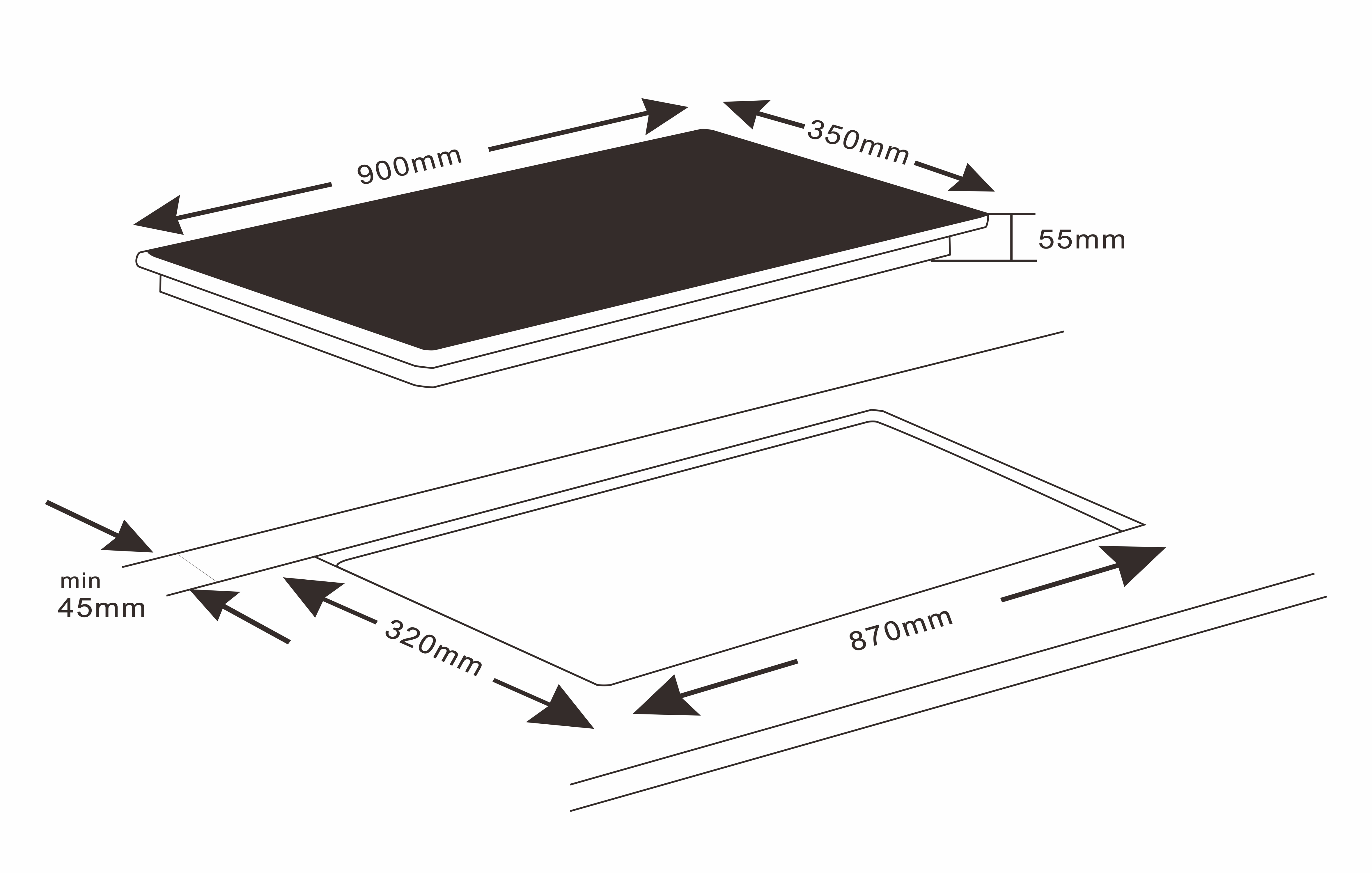 Diagramm mit Abmessungen eines schwarzen Kochfelds und eines weißen Ausschnitts.