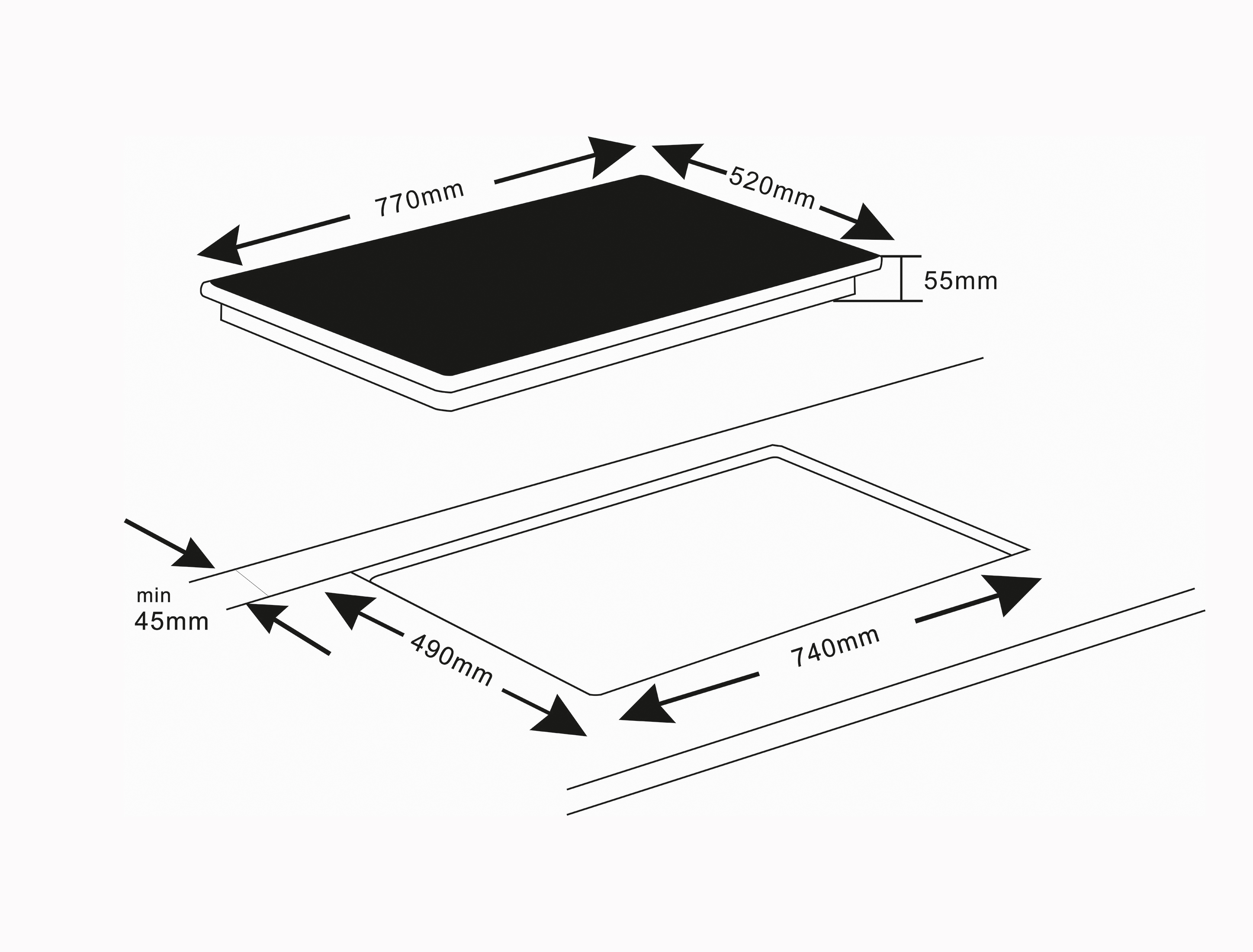 Schwarzes Kochfeld mit Maßen: 770 mm x 520 mm, Ausschnitt: 740 mm x 490 mm und einer Höhe von 55 mm.