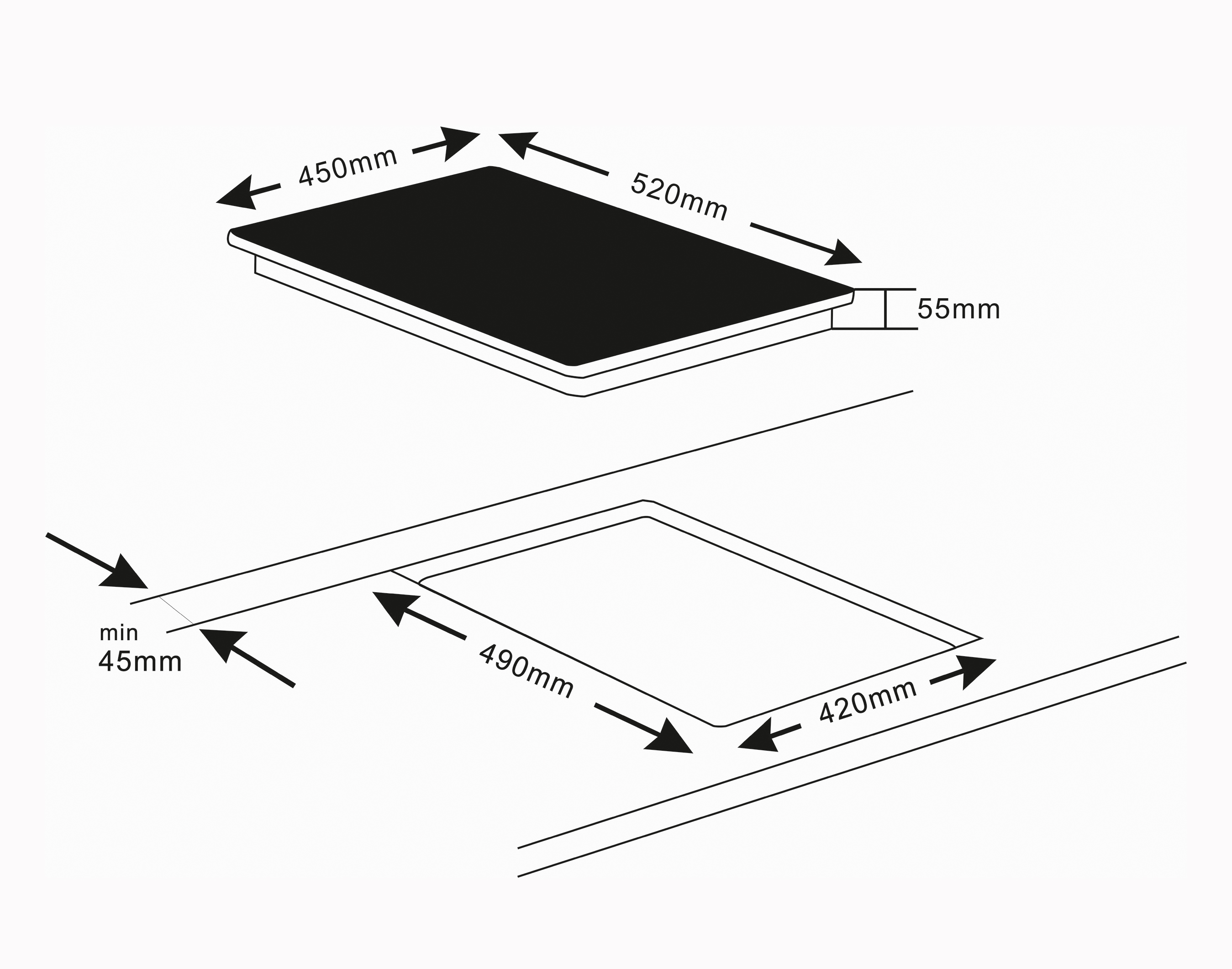 Diagramm eines schwarzen Kochfelds mit Abmessungen und Ausschnittmaßen.