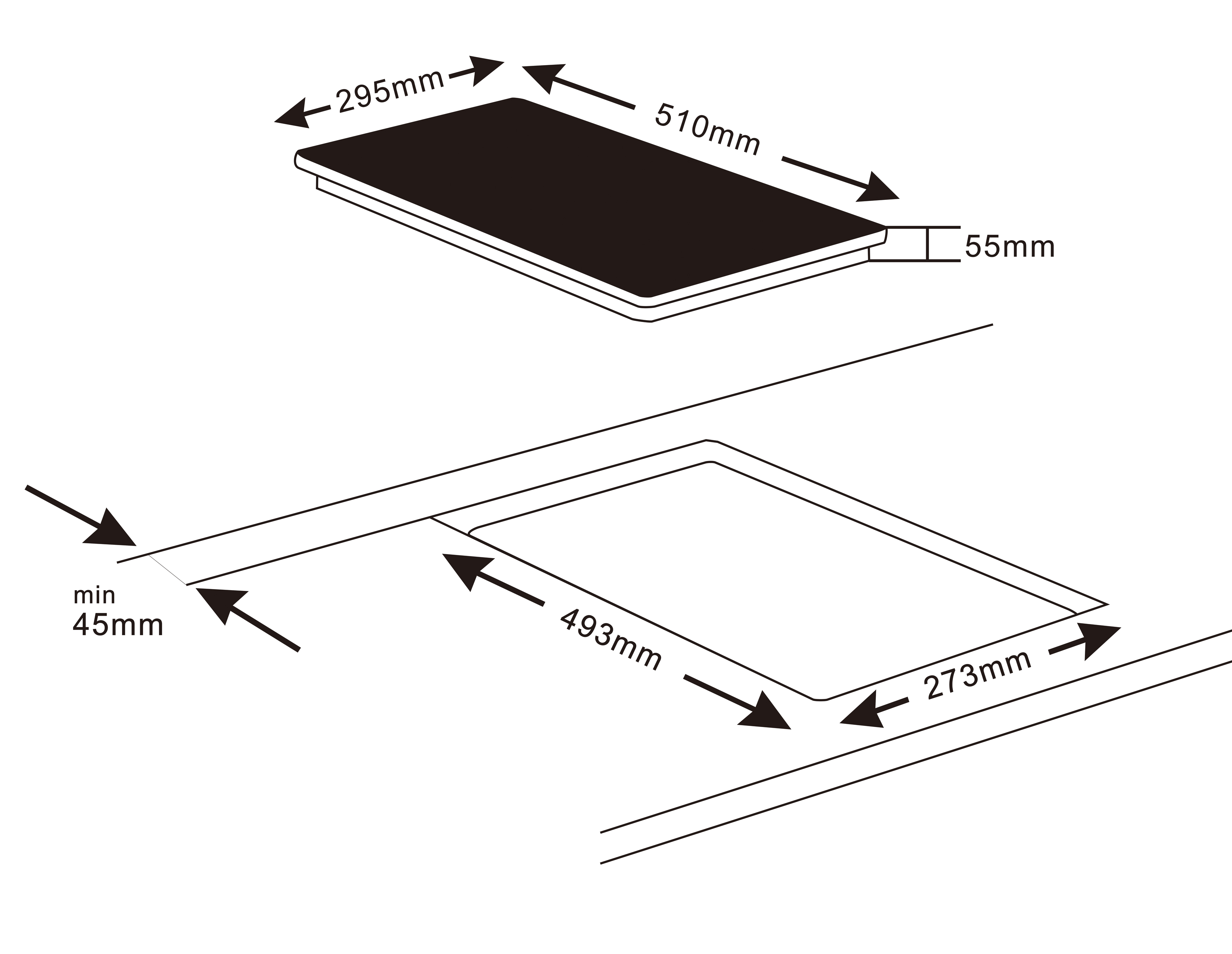 Diagramm eines schwarzen Kochfelds. Draufsicht mit Millimeter-Maßen. Ausschnittsmaße darunter.