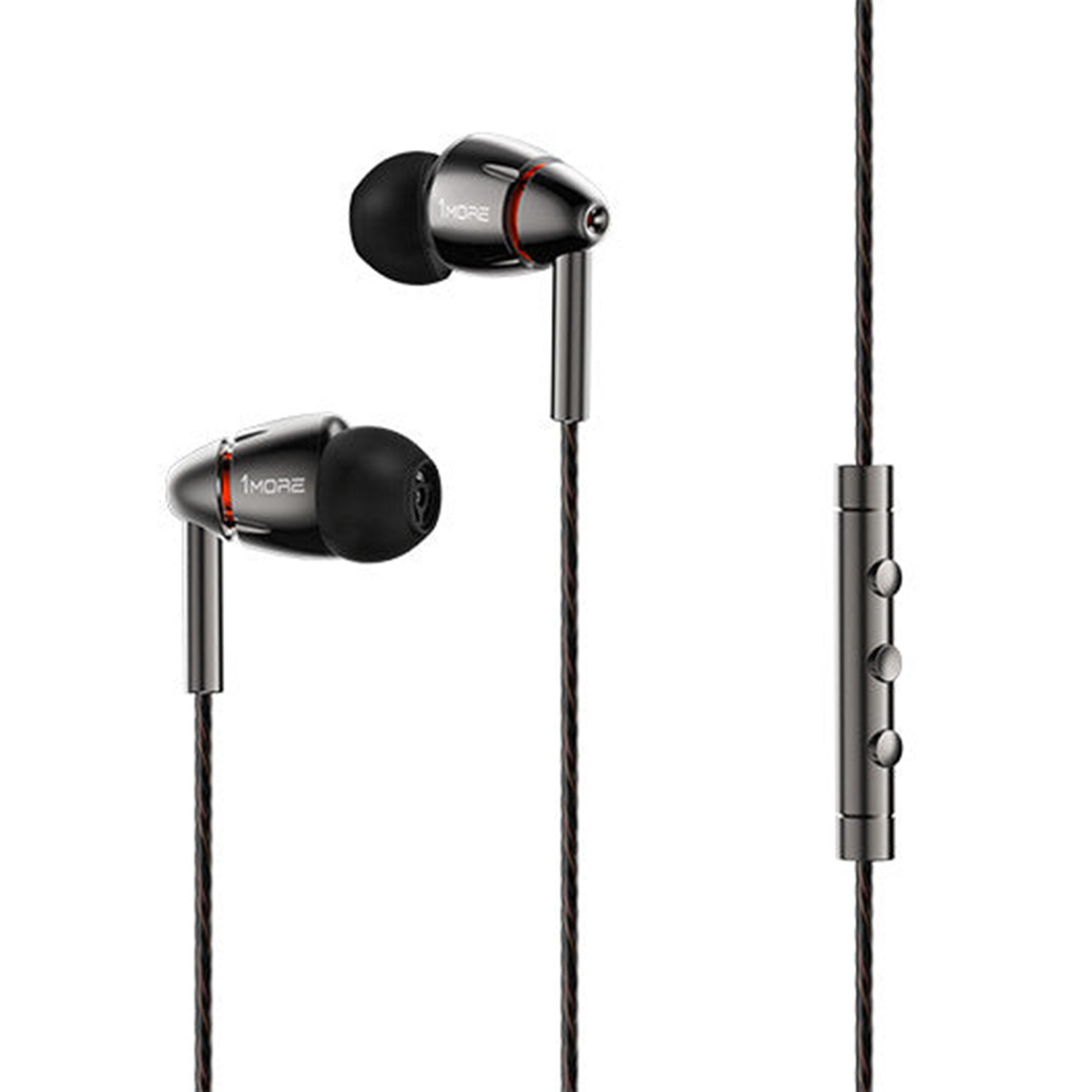 Schwarze und silberne In-Ear-Kopfhörer mit roten Akzenten, verbunden mit einer Steuereinheit.