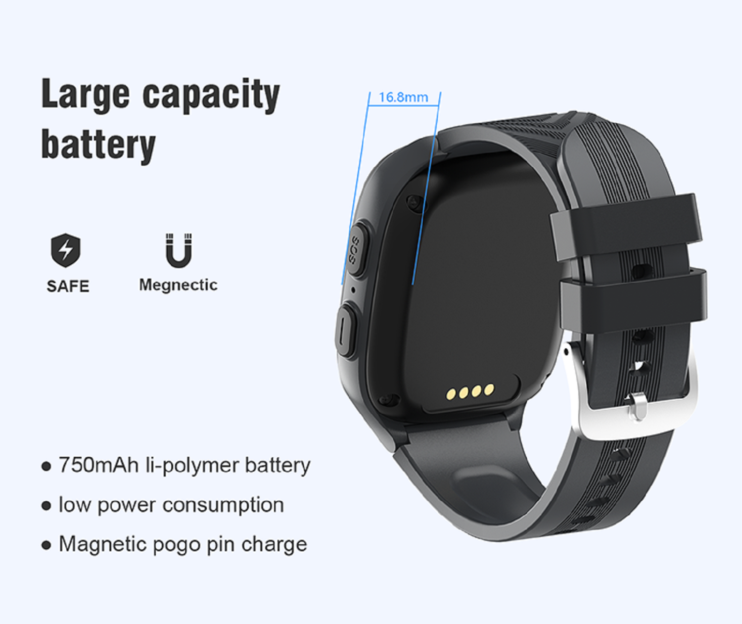 Uno smartwatch nero con cinturino nero. Include caricatore magnetico e batteria.