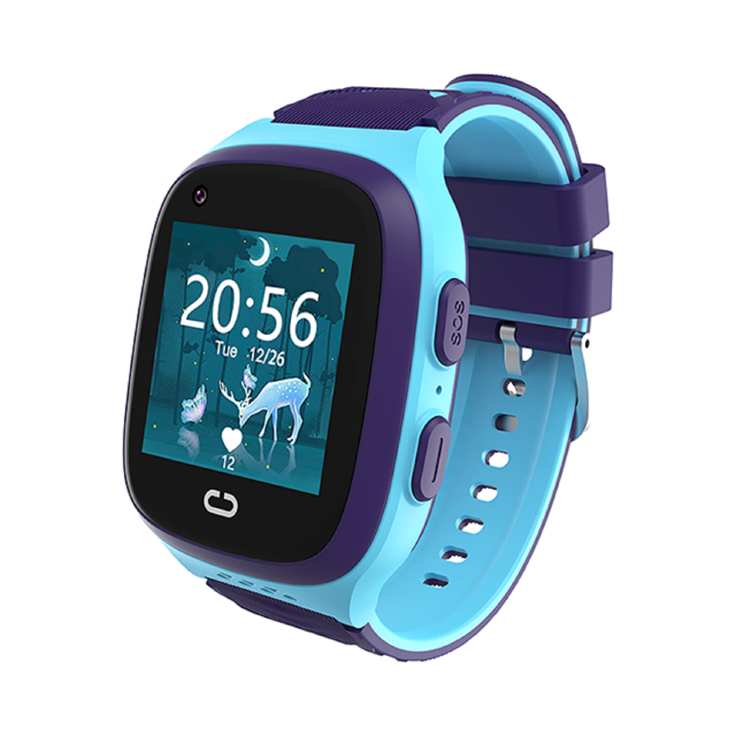 Uno smartwatch blu e viola. Lo schermo mostra l'ora e un cervo con farfalle.
