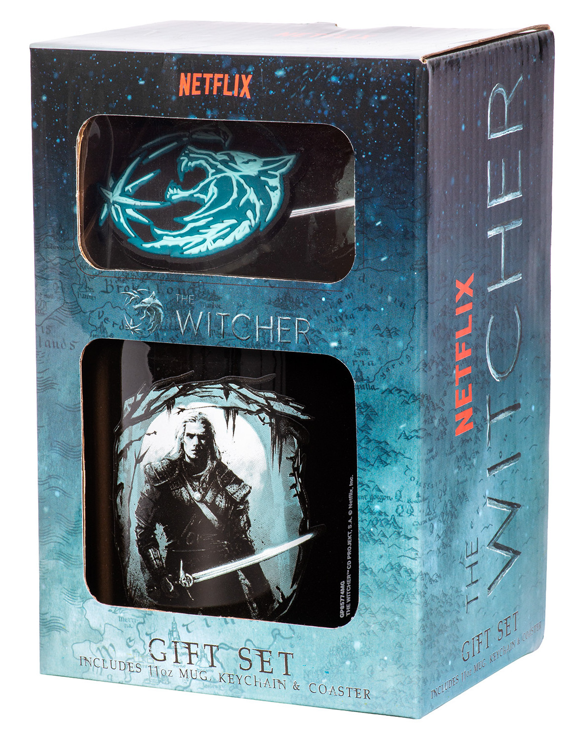 Netflix 'The Witcher' Geschenkbox mit Tasse, Schlüsselanhänger und Untersetzer.