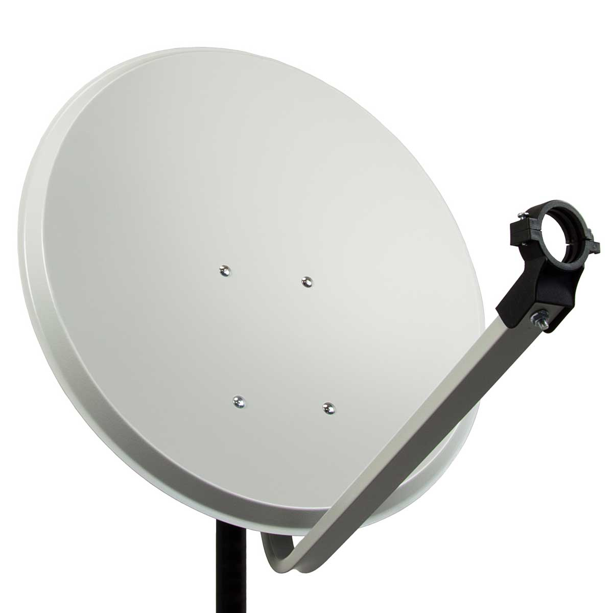Eine weiße Satellitenschüssel mit einem schwarzen Stützarm.