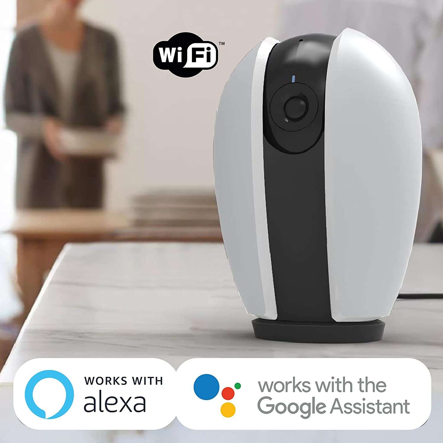 Telecamera di sicurezza bianca e nera con logo Wi-Fi e loghi di compatibilità smart home.