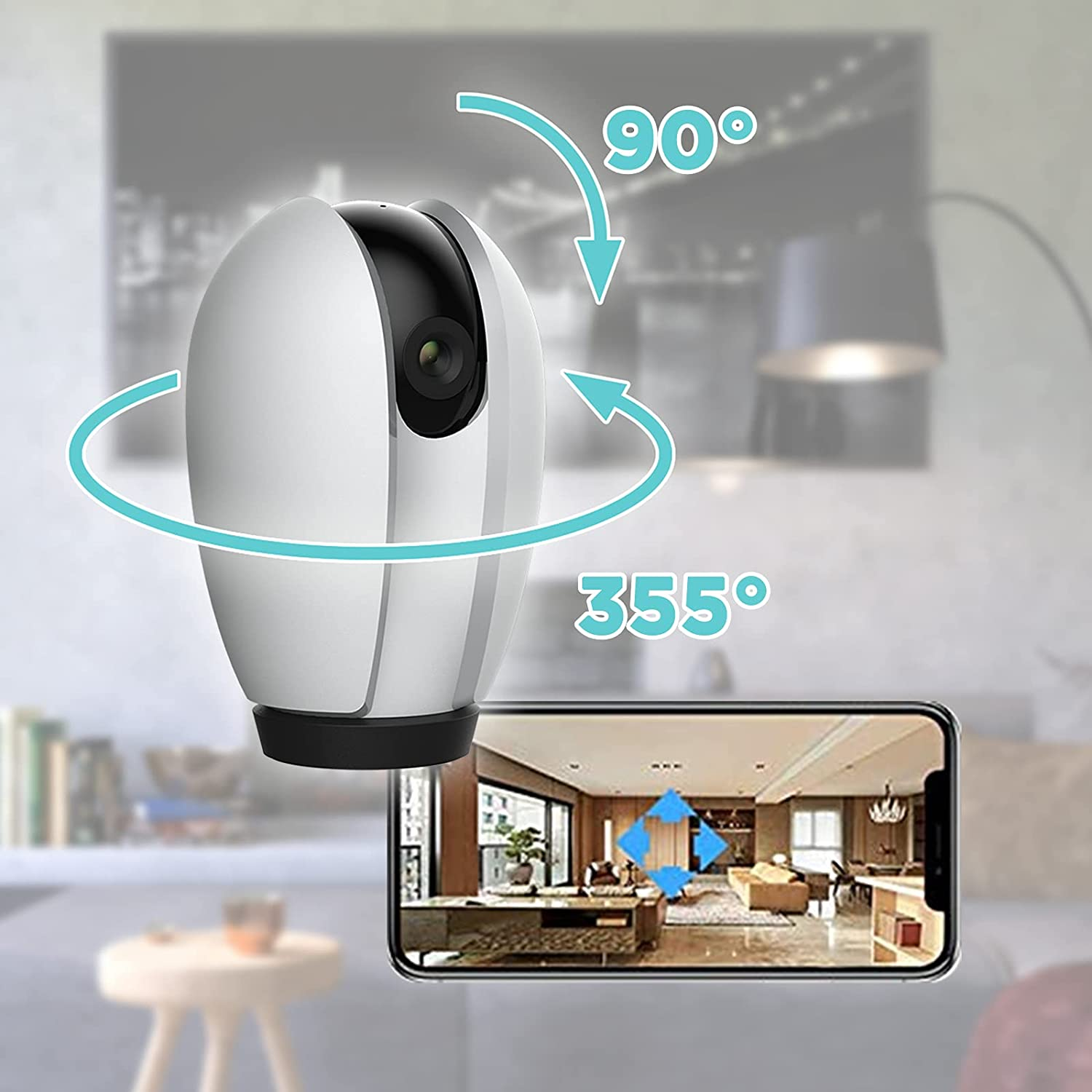 Una telecamera di sicurezza bianca con frecce che indicano un movimento orizzontale di 360 gradi e verticale di 90 gradi.
