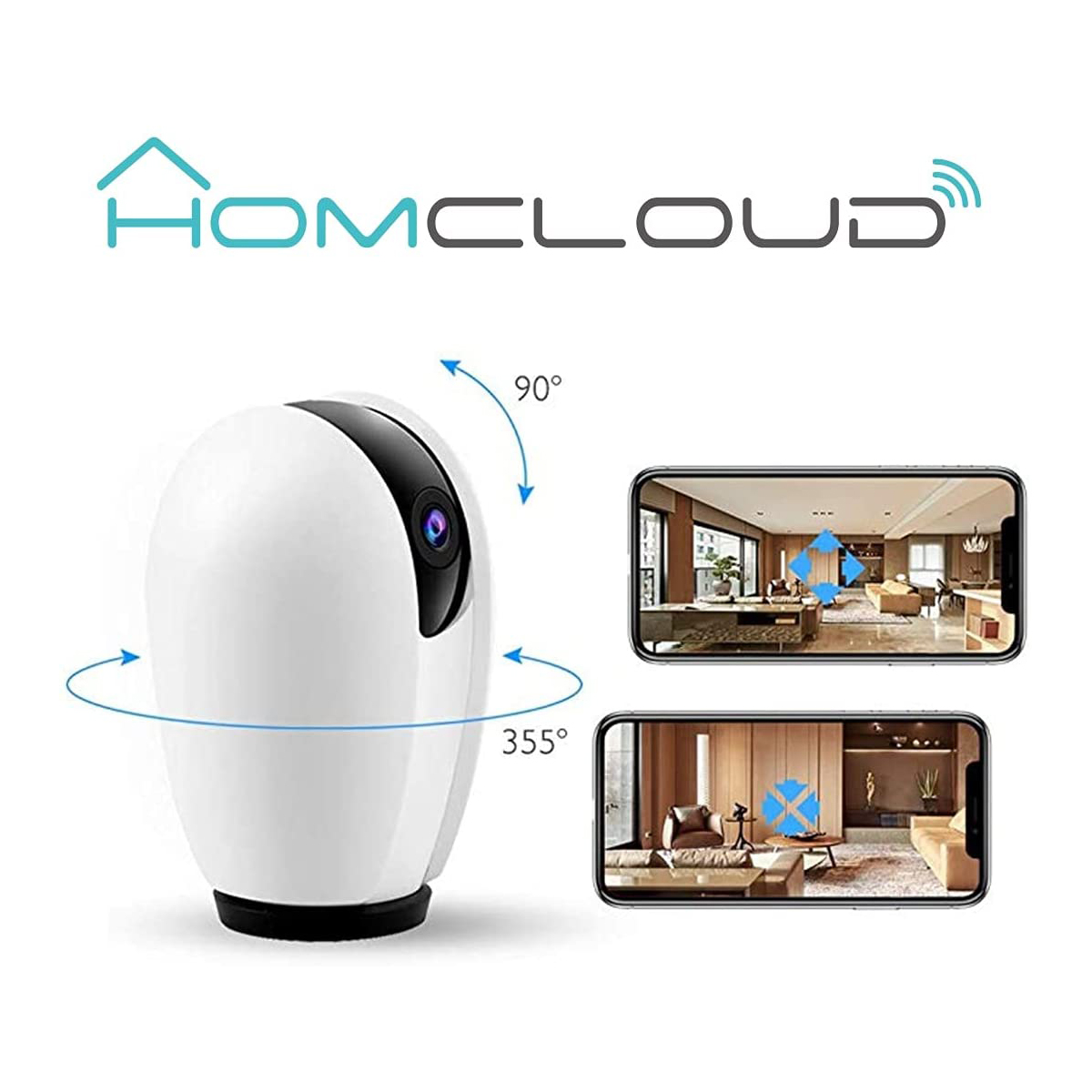 Telecamera di sicurezza domestica bianca con il logo Homecloud, che mostra una vista e un'interfaccia a 360 gradi.