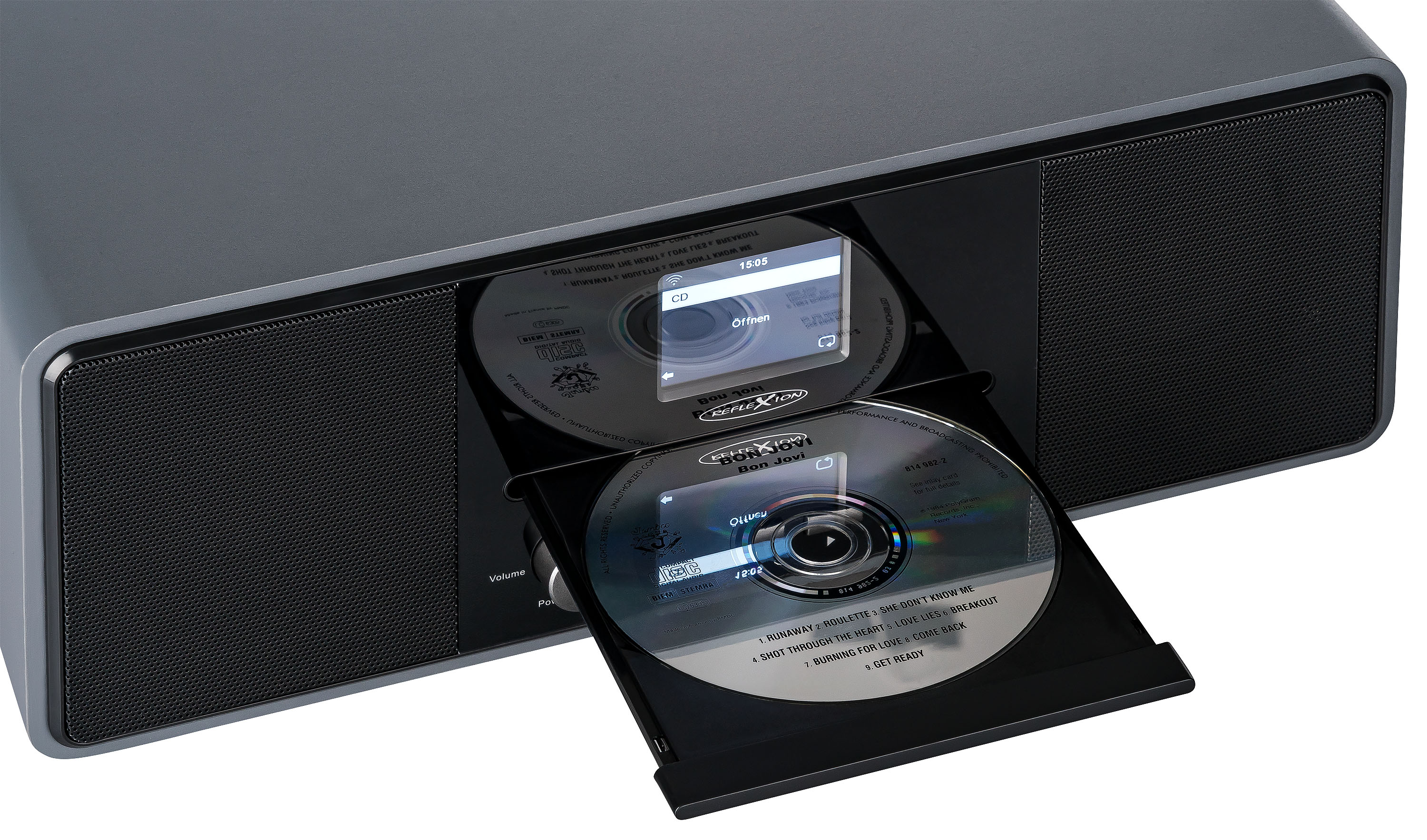 Un lettore CD con vassoio aperto, che mostra un CD e uno schermo con informazioni. Dispositivo grigio.