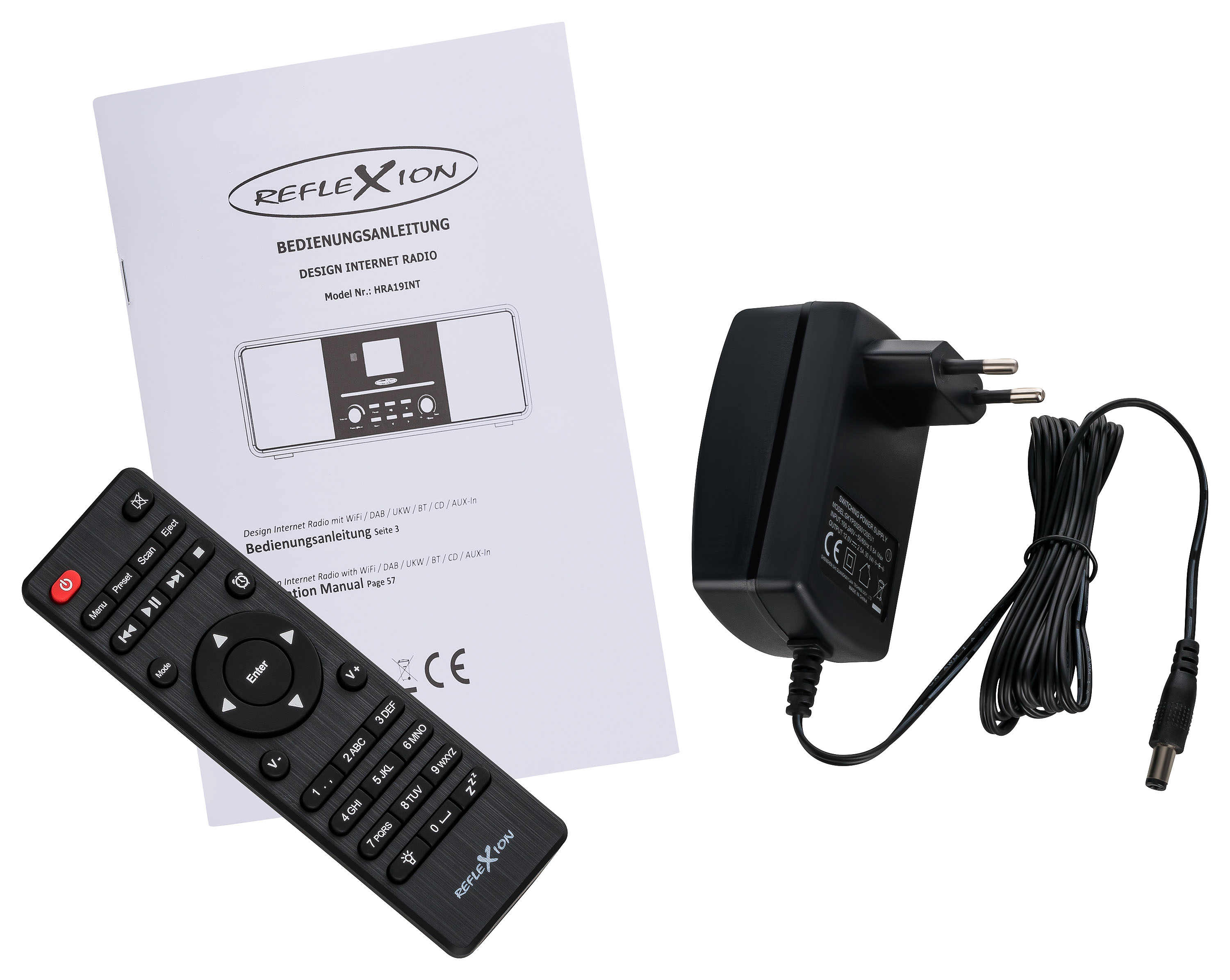 Fernbedienung, Handbuch und Adapter für ein Reflexion Internetradio.