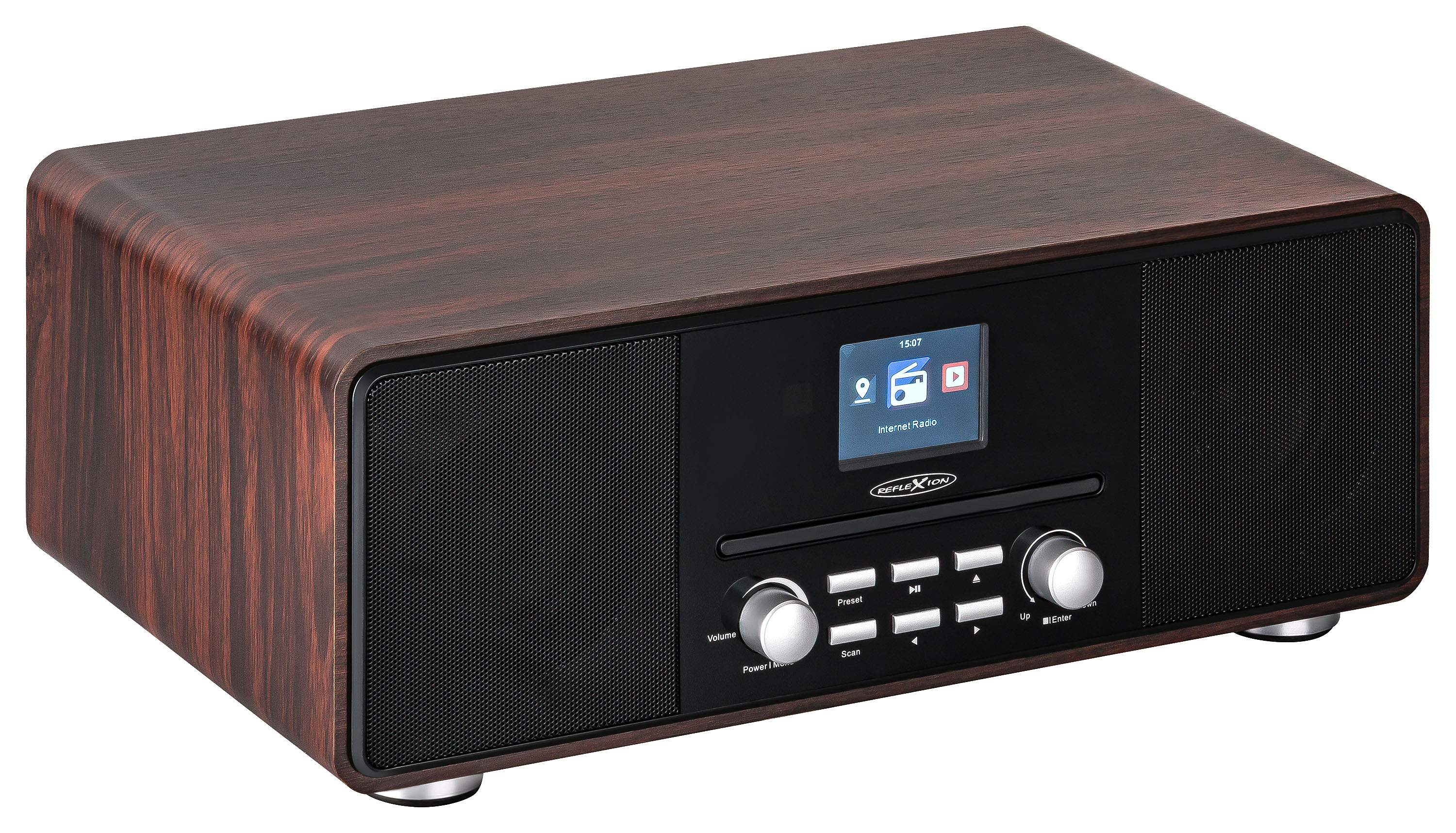 Radio in legno marrone con display nero e manopole argentate. Ha due altoparlanti. Sfondo bianco.