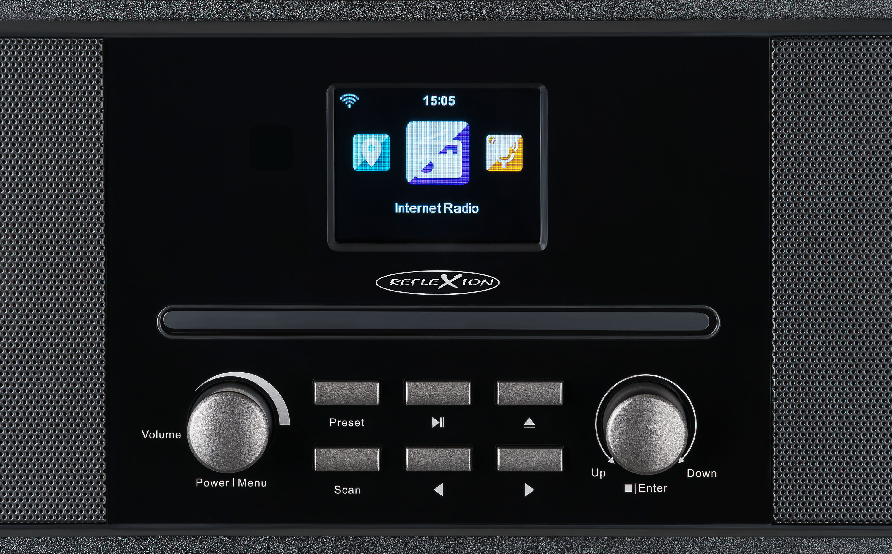 Una radio Internet nera con uno schermo che mostra un'interfaccia. Ha manopole per il volume, il menu e la sintonizzazione. Lo sfondo è nero.
