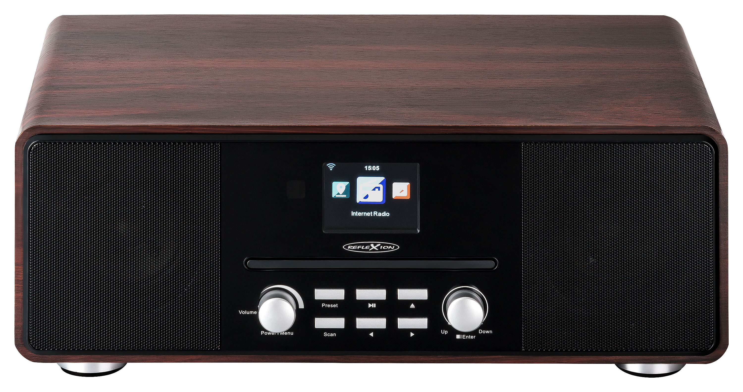 Una radio in legno marrone scuro con pannello frontale nero e schermo, con più pulsanti.