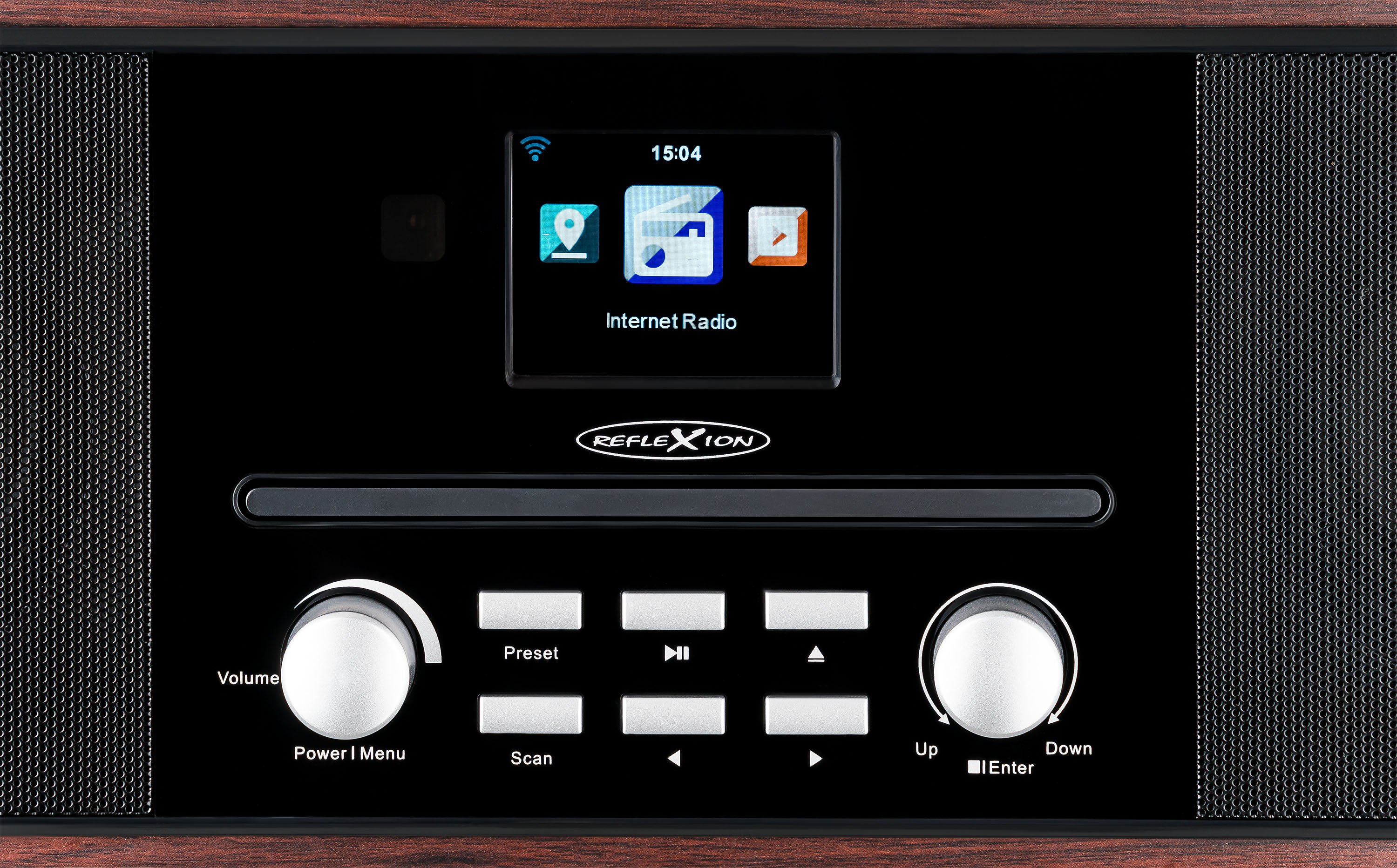 Una radio con uno schermo che mostra le opzioni della radio Internet. Ha controlli volume, preimpostazioni e navigazione.