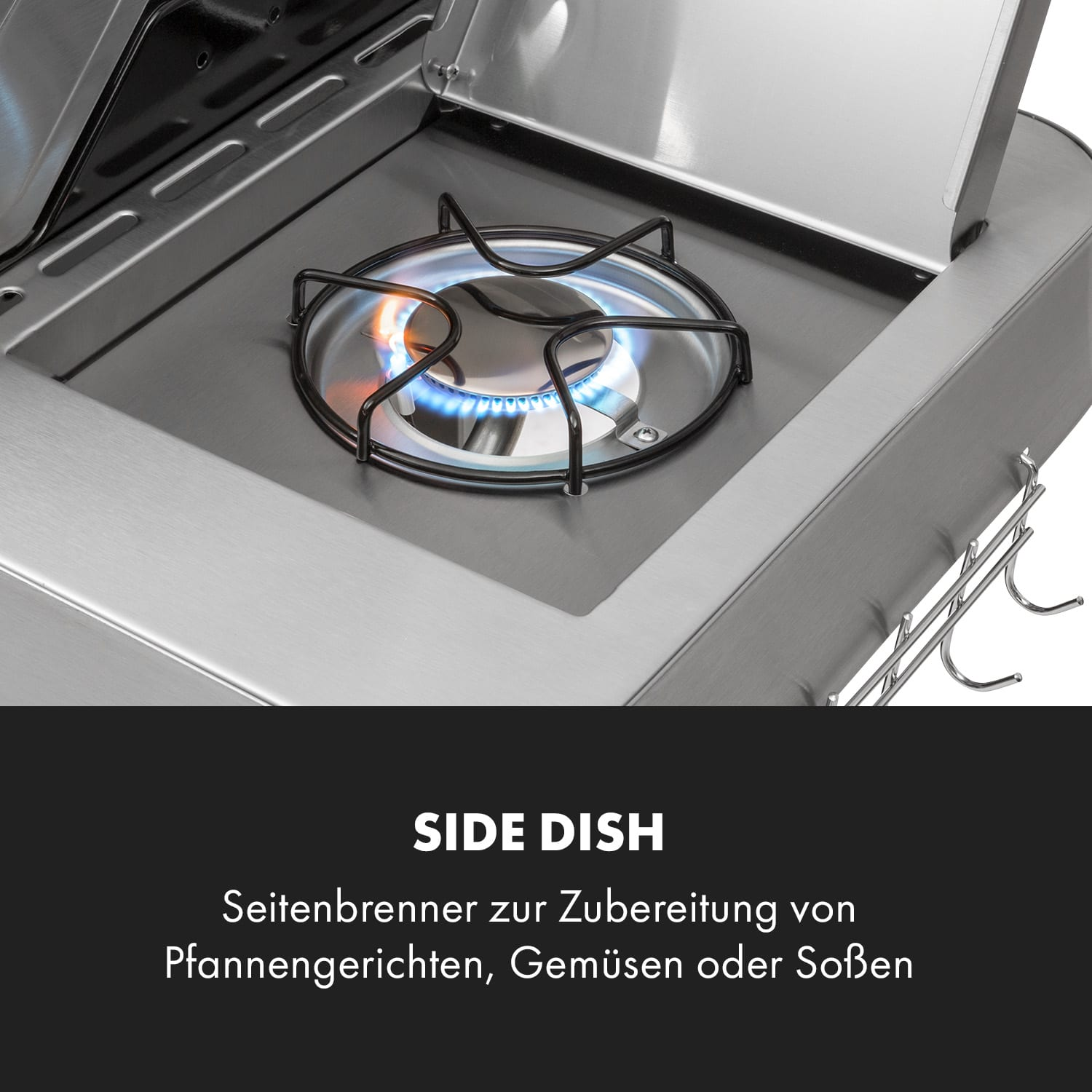 Edelstahl-Seitenbrenner mit blauer Flamme und Textüberlagerung.