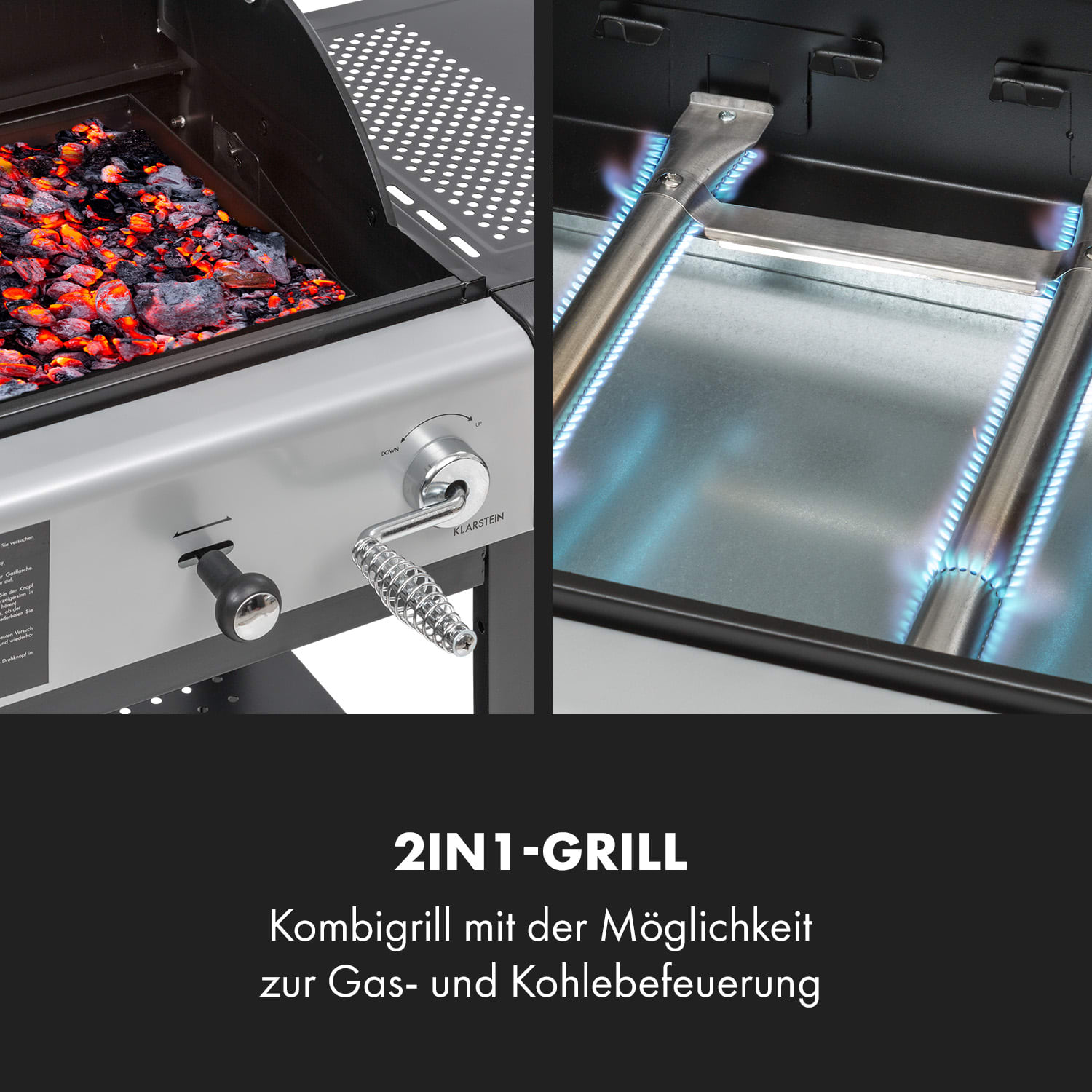 Nahaufnahme eines Gas- und Holzkohlegrills. Zeigt Flammen, Kohle und den Griff.