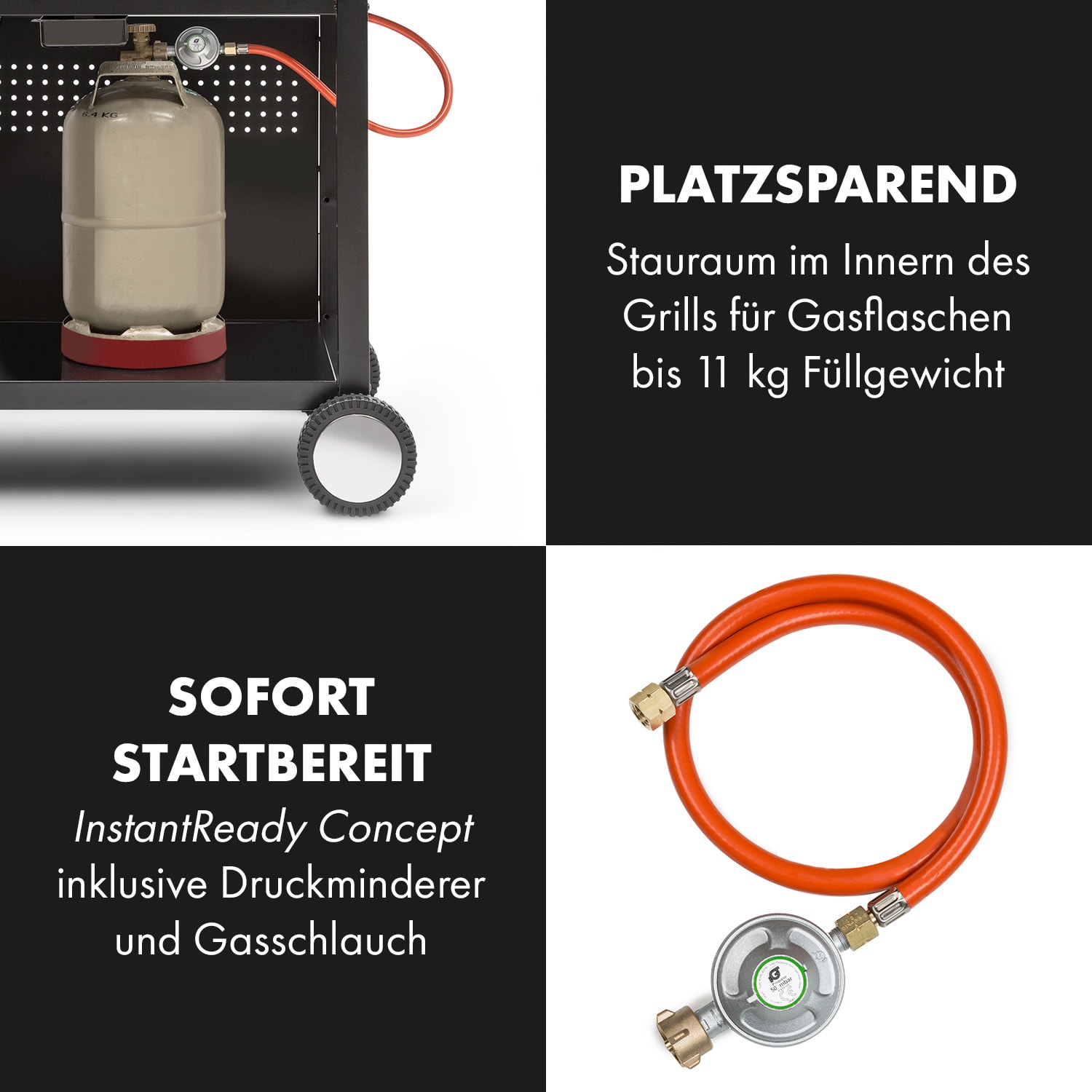 Ein Gasgrill mit Propantank und Schlauch. Der Grill ist schwarz, mit Text über Funktionen.