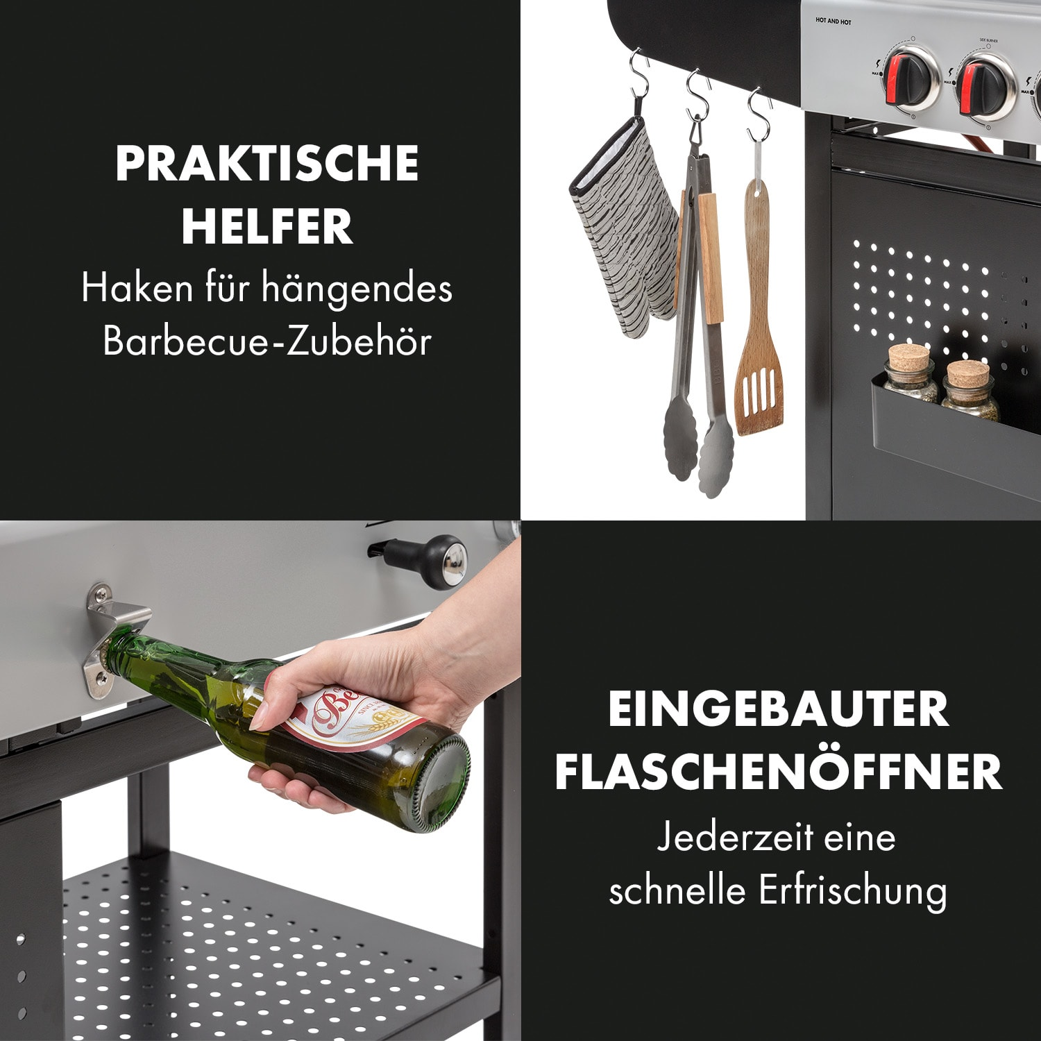 Vier Bilder mit Grillzubehör. Enthält Haken, Zangen, Flaschenöffner und ein Regal mit Gewürzen.