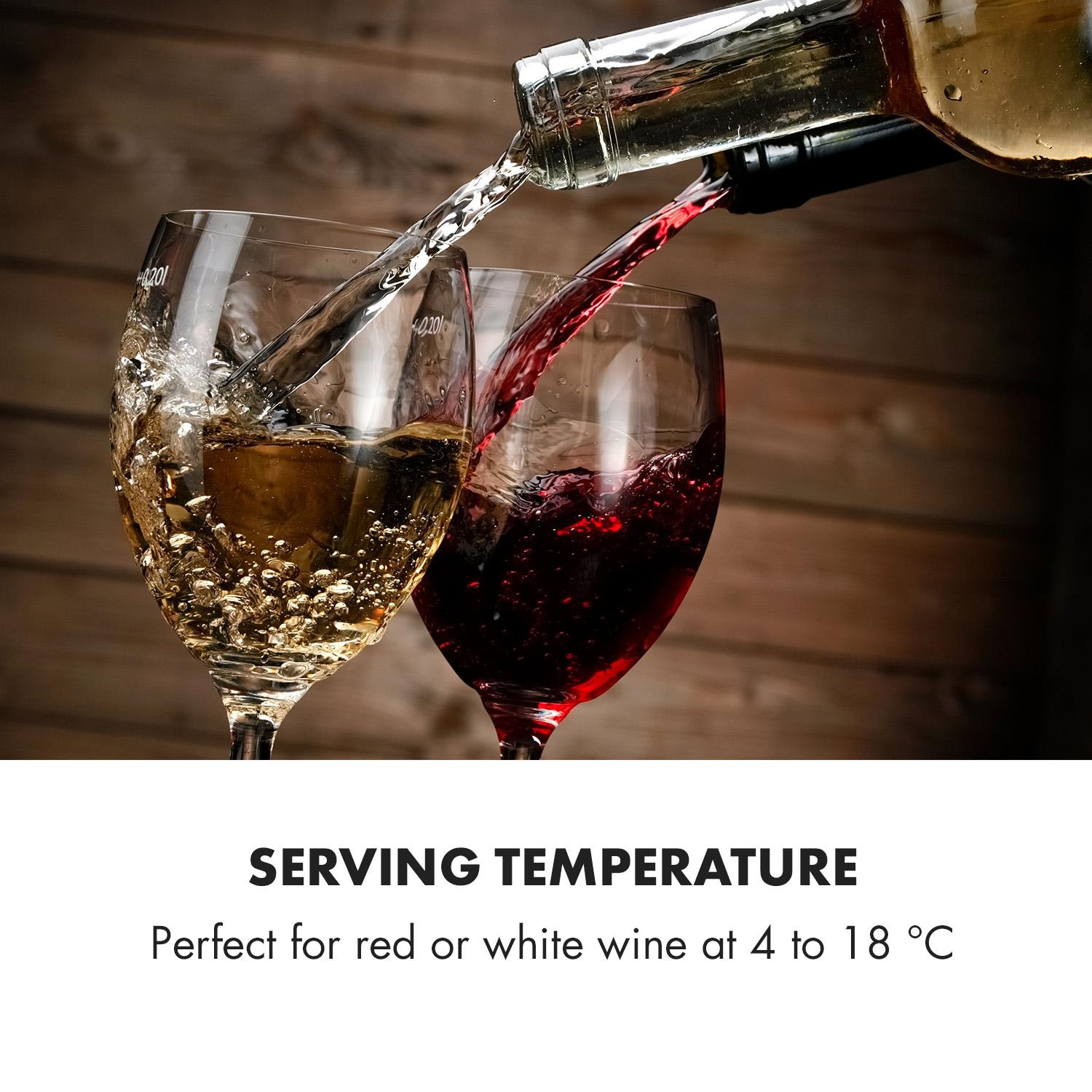 Bicchieri di vino riempiti con vino bianco e rosso. Testo: SERVING TEMPERATURE, 4-18°C.