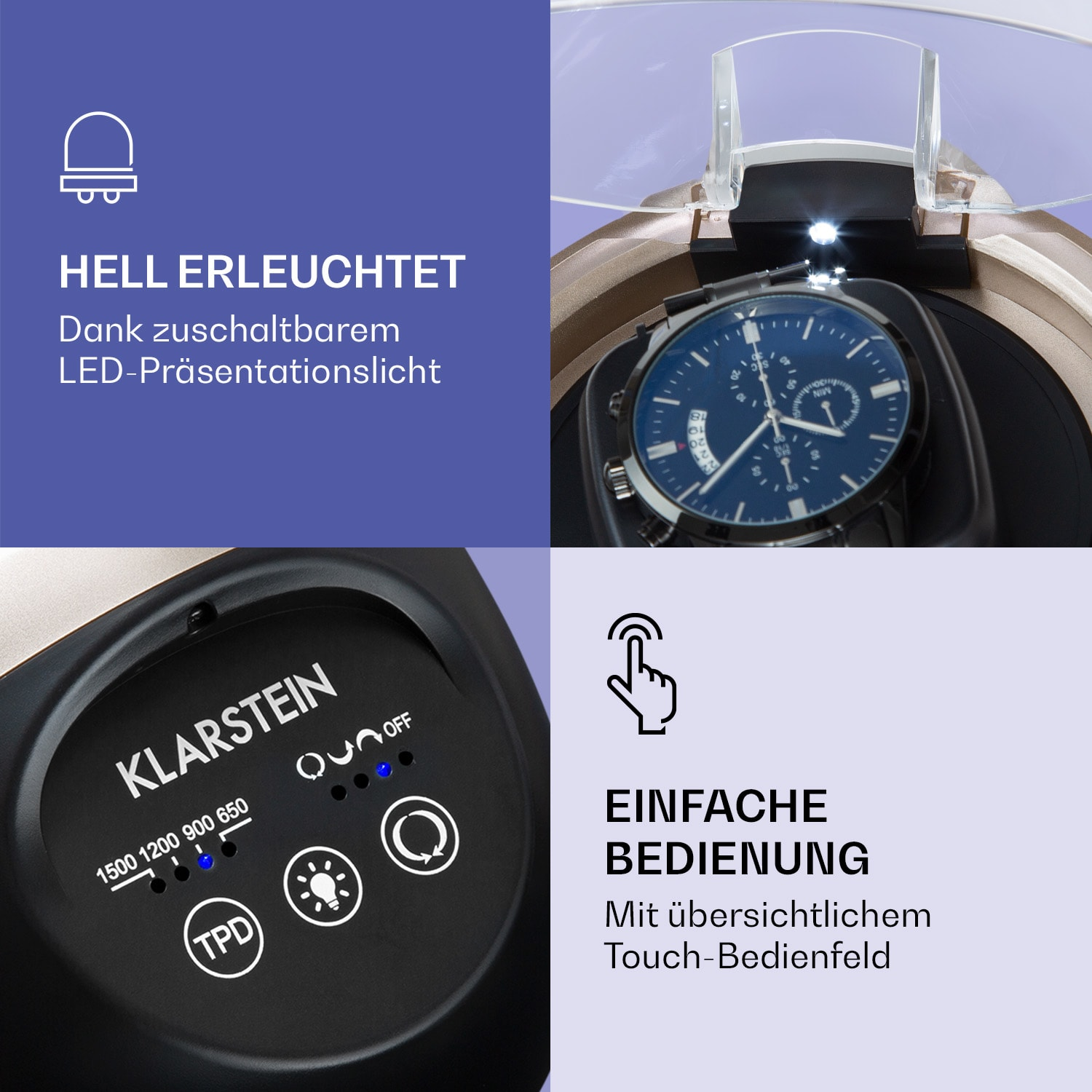Nahaufnahme eines Uhrenbewegers mit Uhr. Textanzeigen, Schwarz und Gold. Weißer Hintergrund.