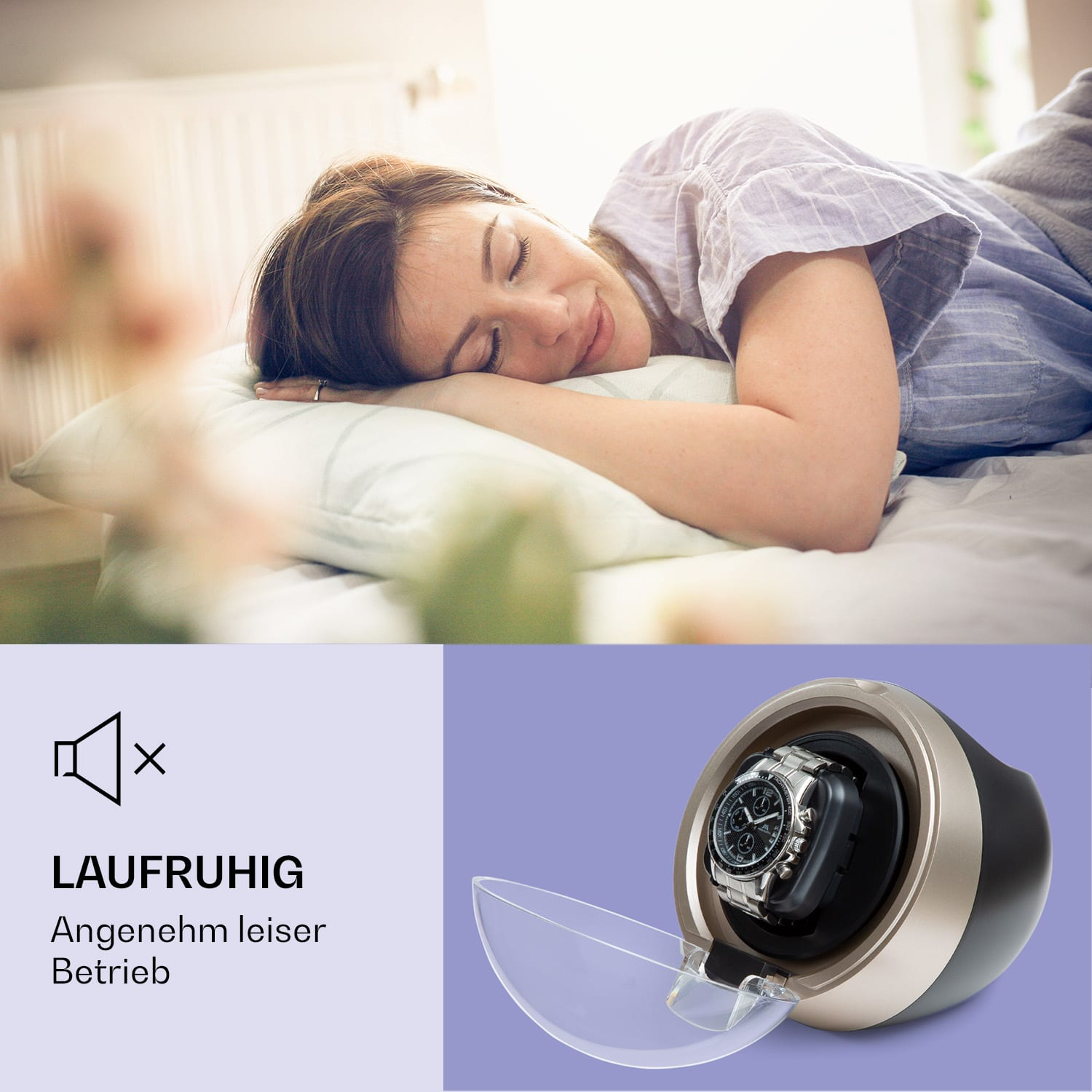 Eine schlafende Frau im Bett, ein Uhrenbeweger und eine Uhr. Text besagt 'ruhiger Betrieb'.