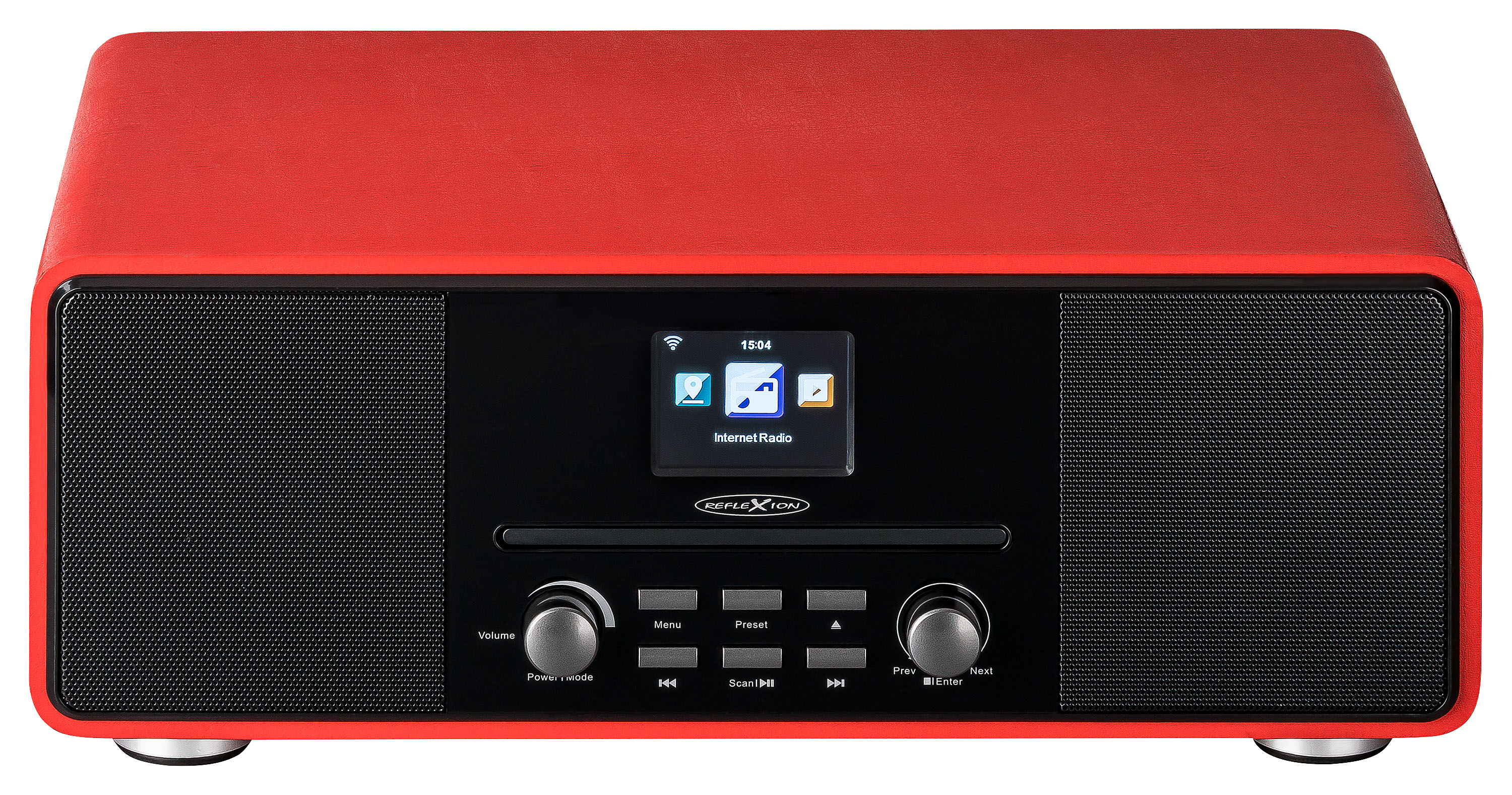 Rotes und schwarzes Radio mit Bildschirm und Bedienelementen.