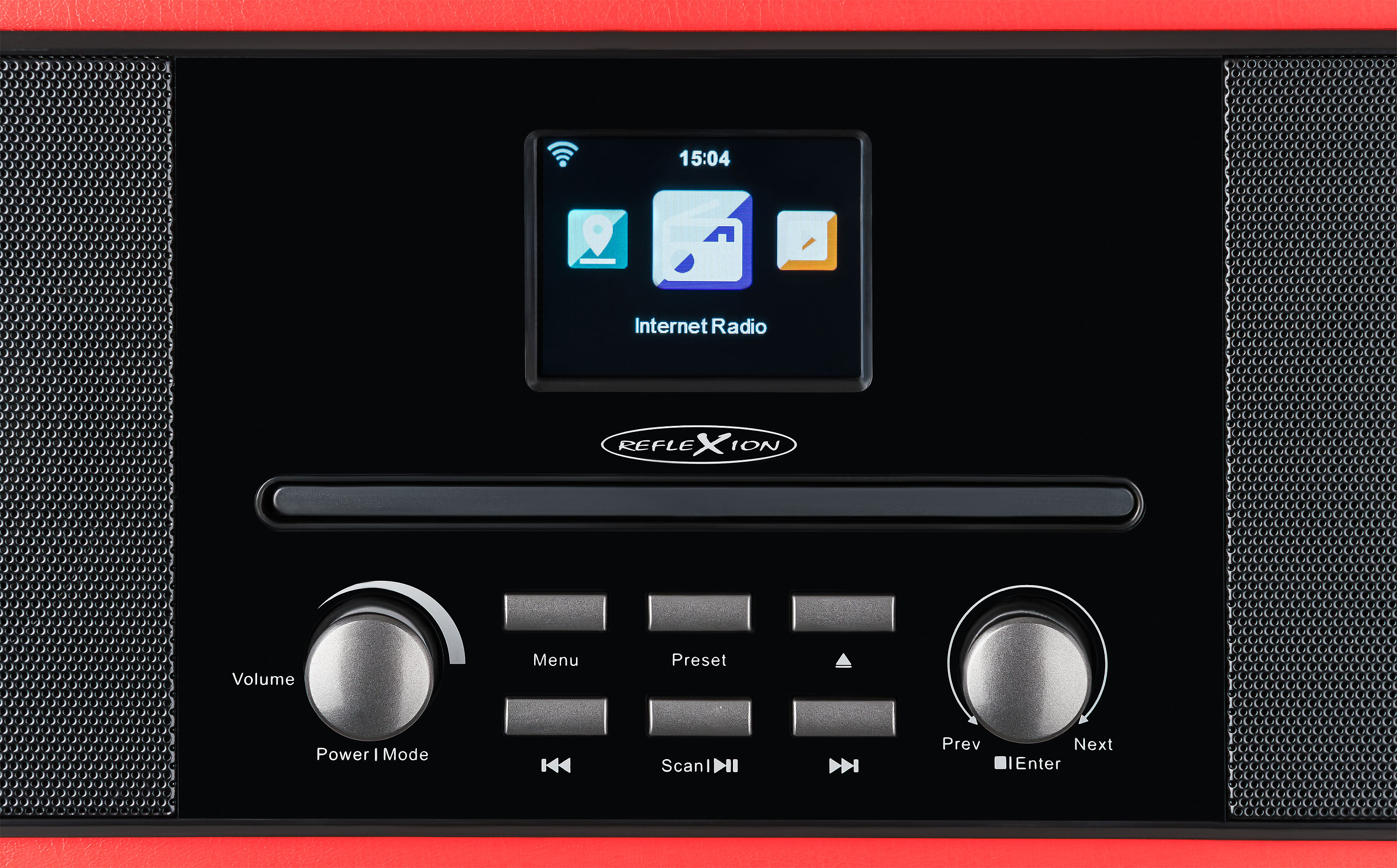 Digitalradio mit Bildschirm, der Internetradio anzeigt, und einem Lautstärkeregler.