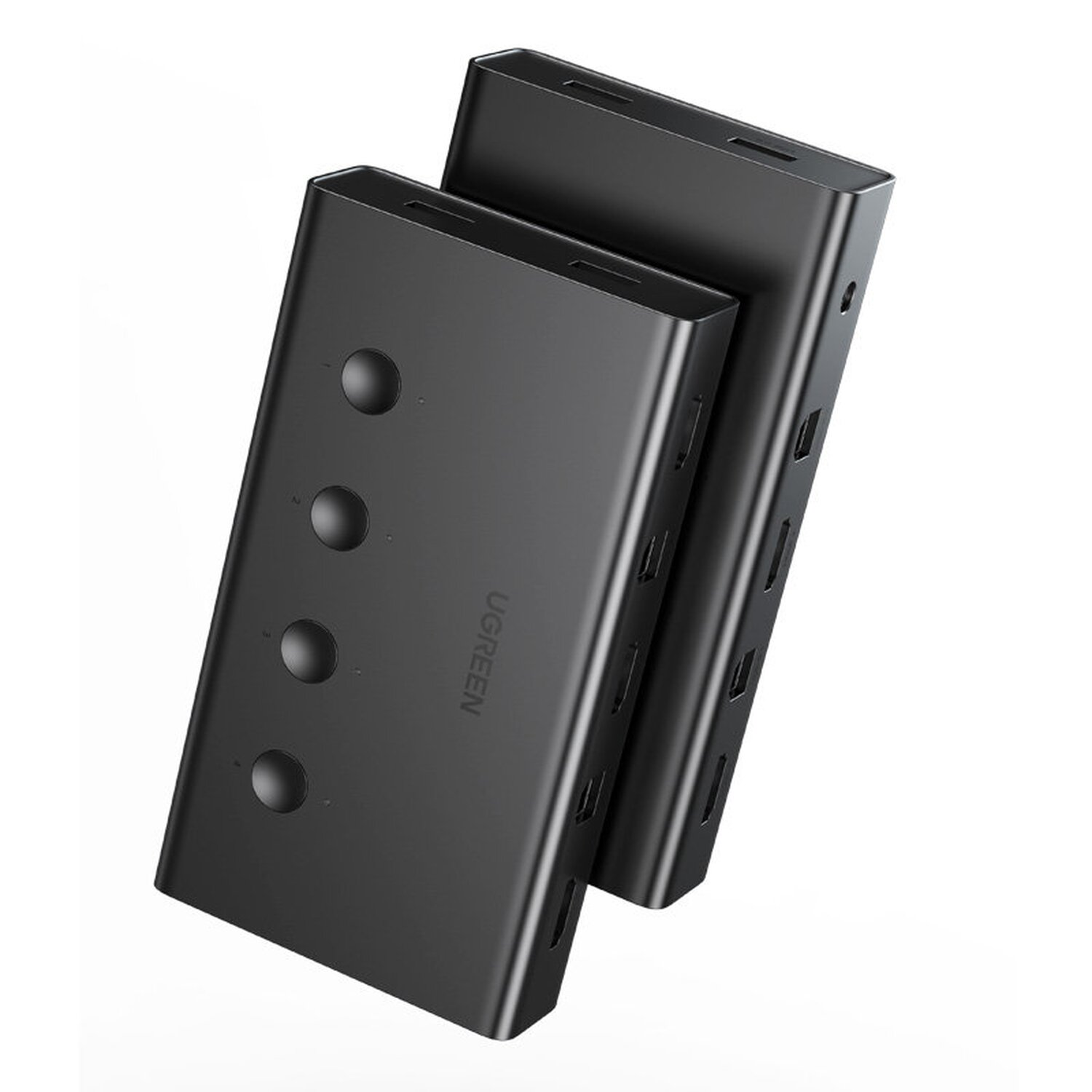 Zwei schwarze Powerbanks mit mehreren Anschlüssen.