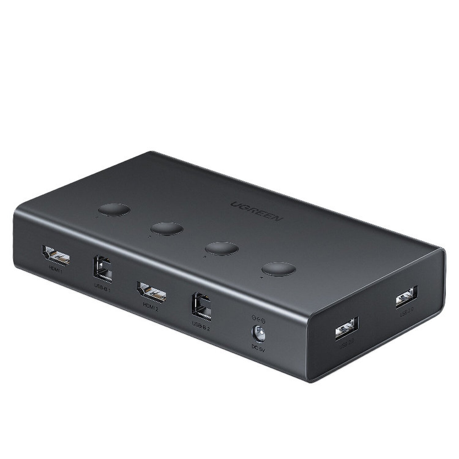 Ein schwarzer UGREEN HDMI-Switch mit mehreren HDMI- und USB-Anschlüssen. Er hat runde Knöpfe und DC 5V-Eingang.