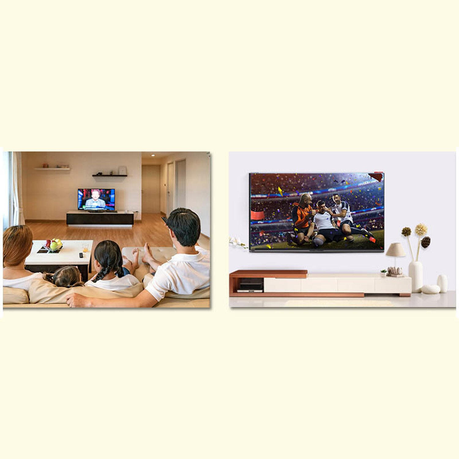 Zwei Bilder. Familie schaut fern auf dem Sofa. Rechts zeigt ein Fernseher ein Fußballspiel.
