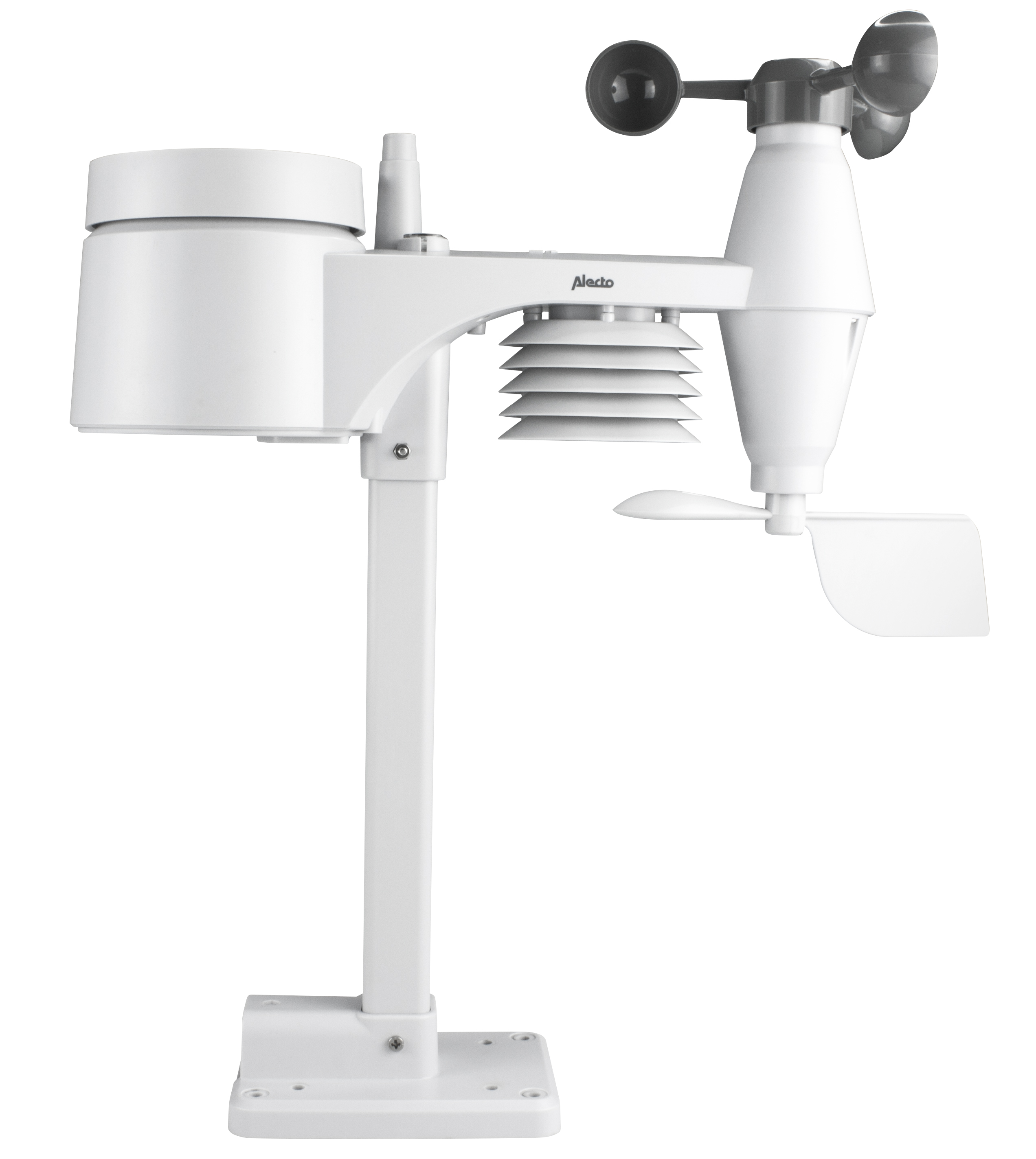 Stazione meteorologica bianca con vari sensori e un anemometro.