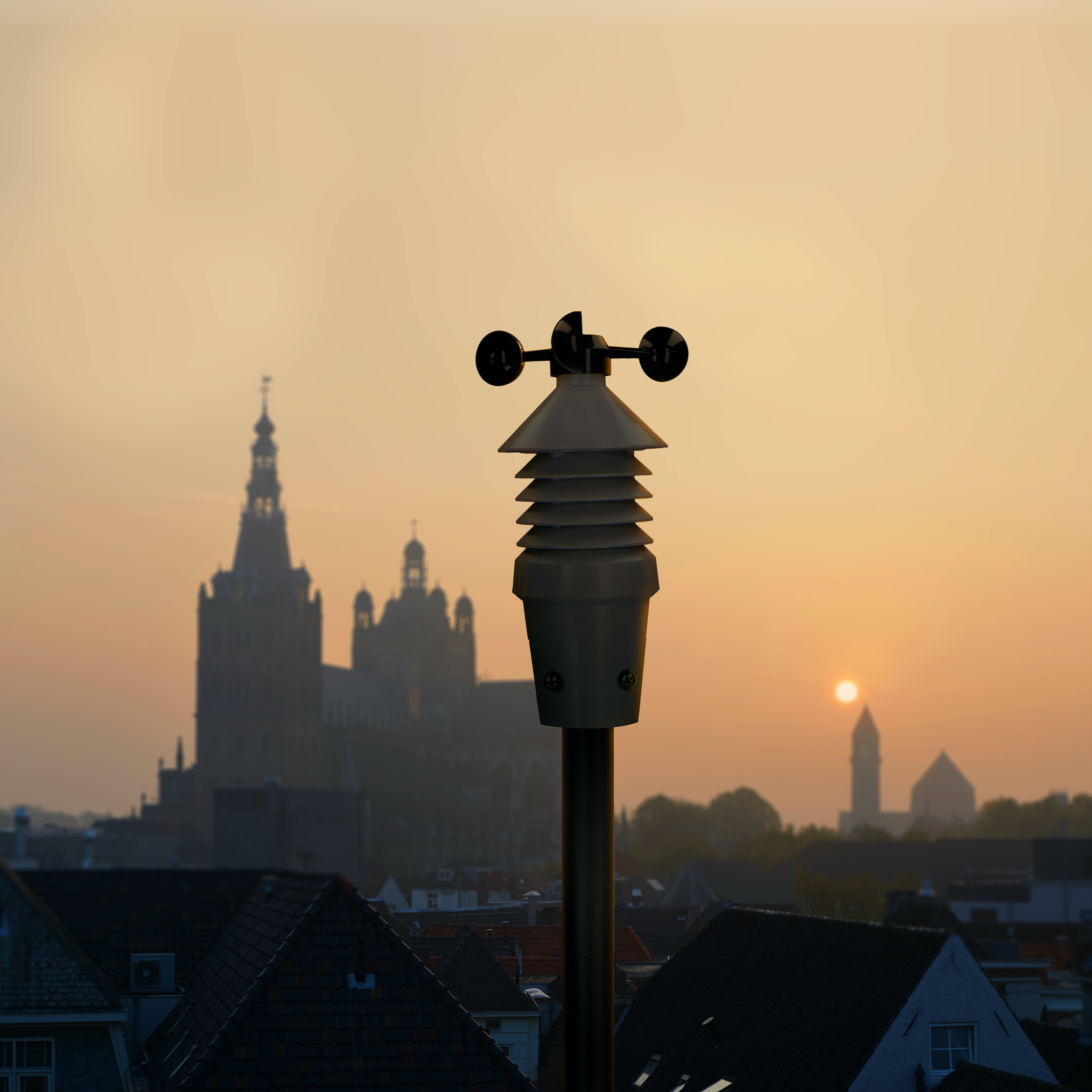 Stacja pogodowa z panoramą miasta w tle o zachodzie słońca. Słońce jest widoczne.