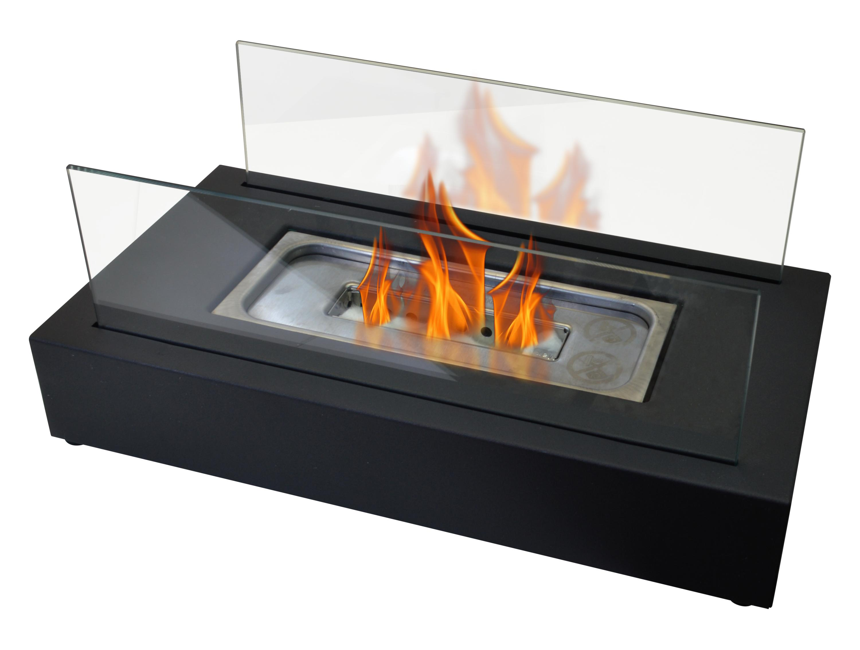 Chimenea rectangular negra con llamas y paneles de vidrio.