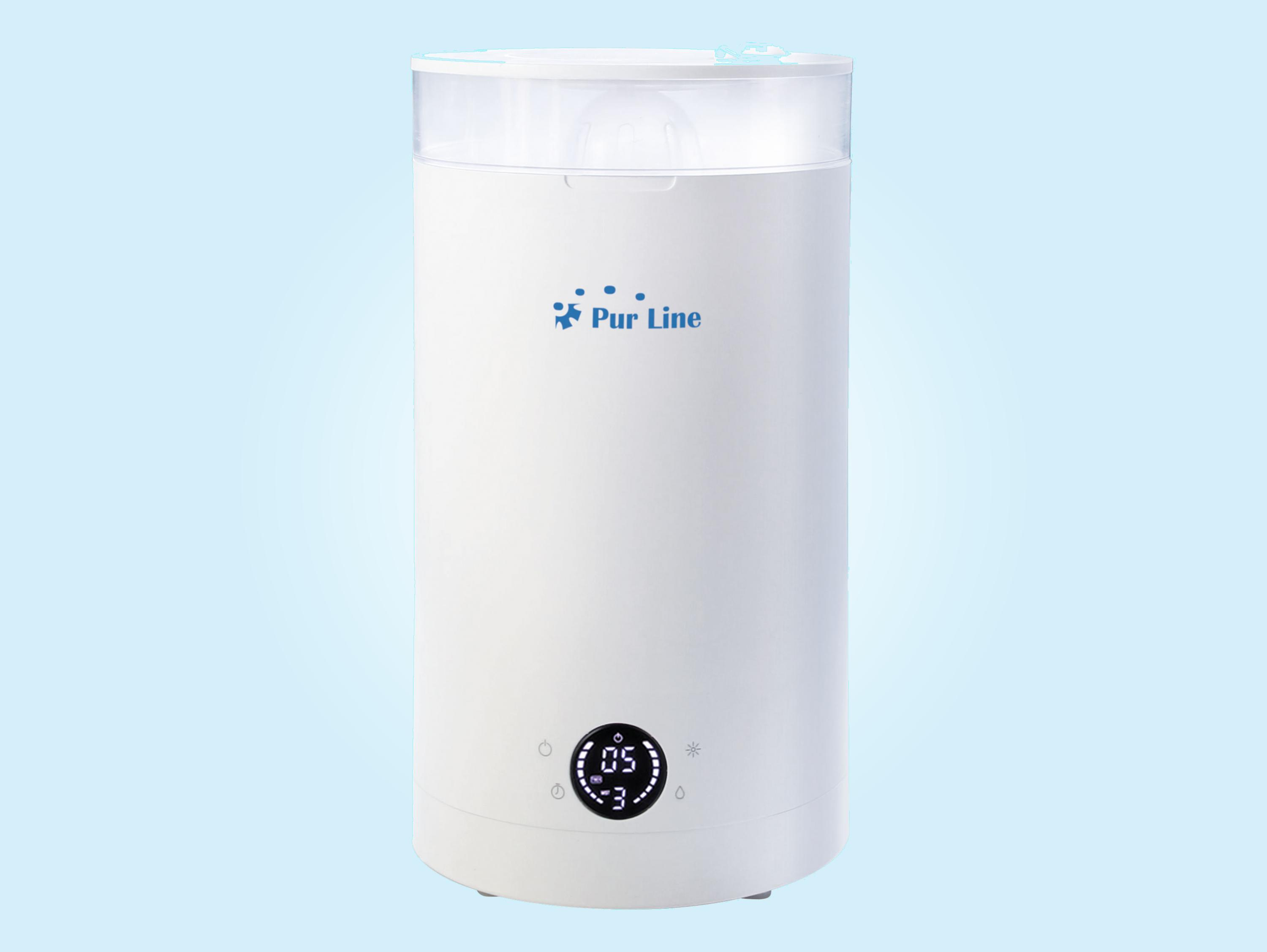 Sterilizzatore per biberon Pur Line bianco con display digitale e pulsanti.