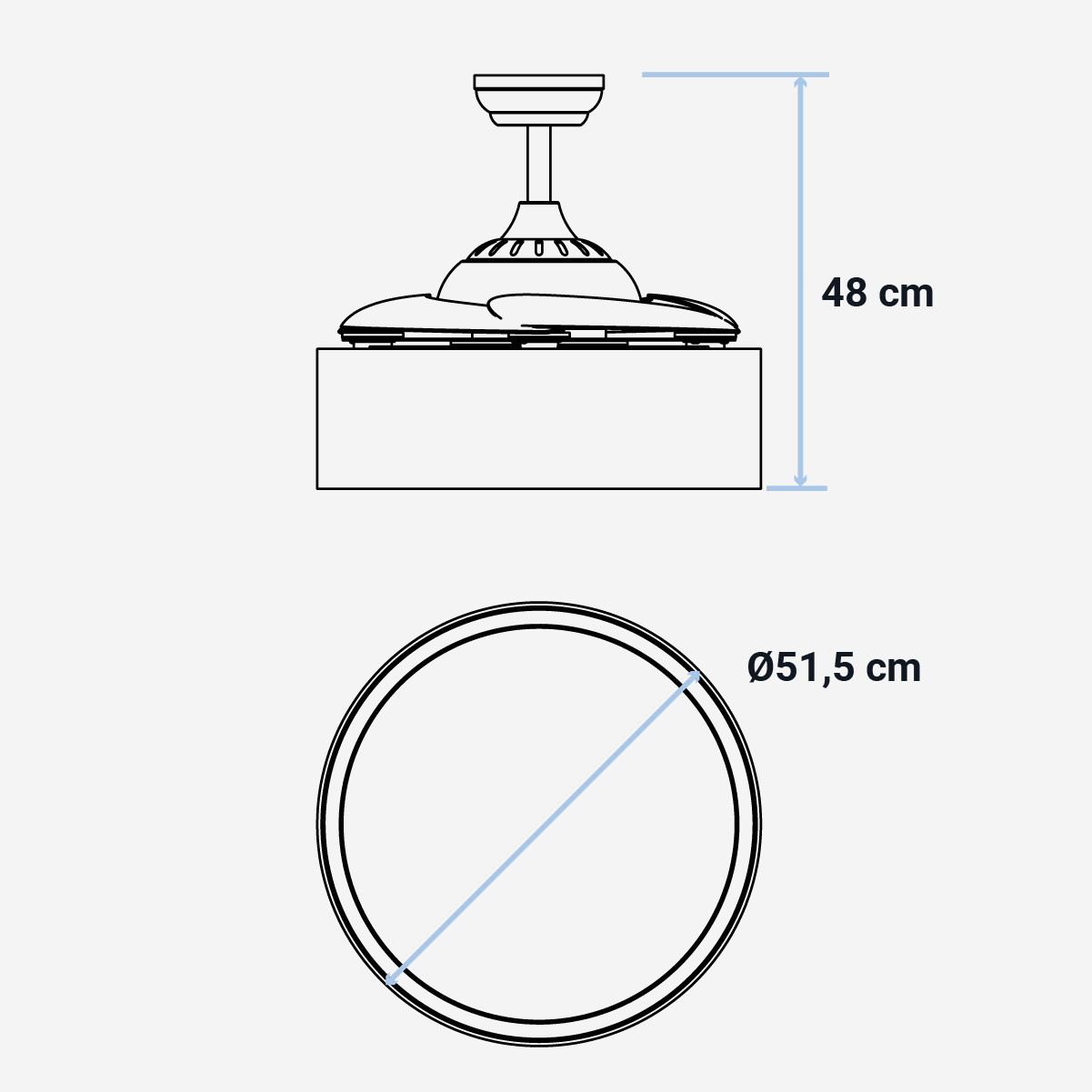 Schema di un ventilatore a soffitto con dimensioni. Mostra larghezza e altezza.