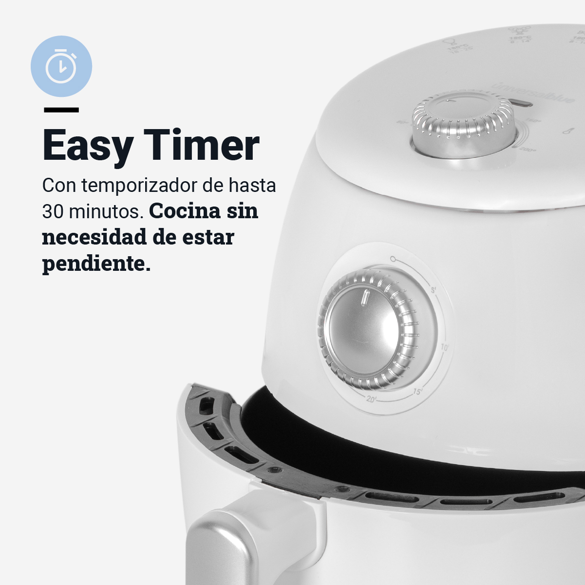 Freidora de aire blanca con temporizador y botón.