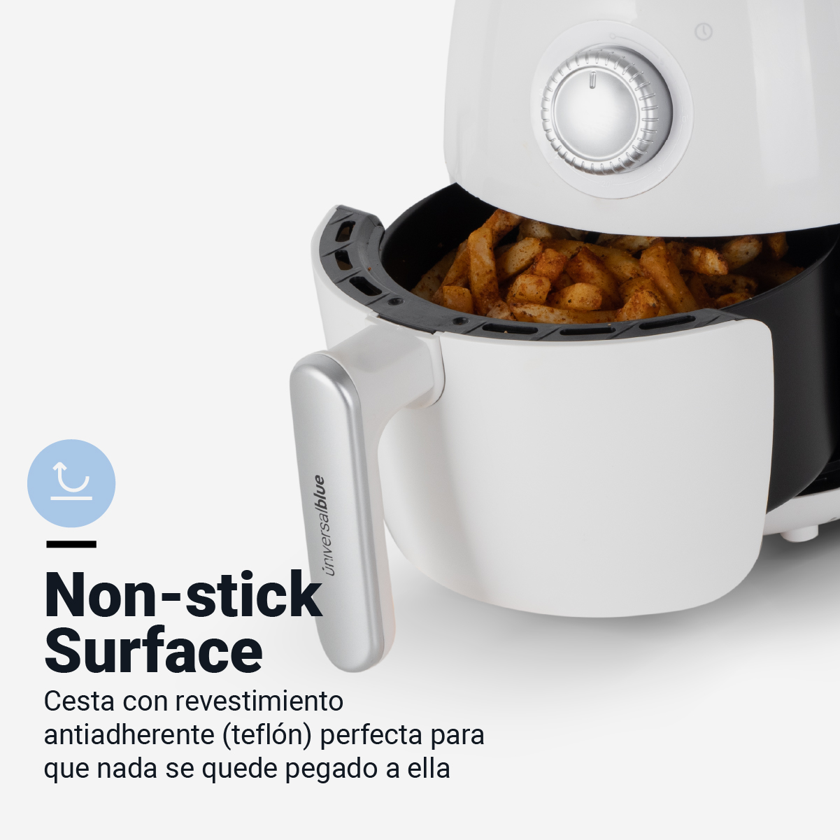 Freidora de aire blanca con papas fritas dentro, texto "Superficie antiadherente".