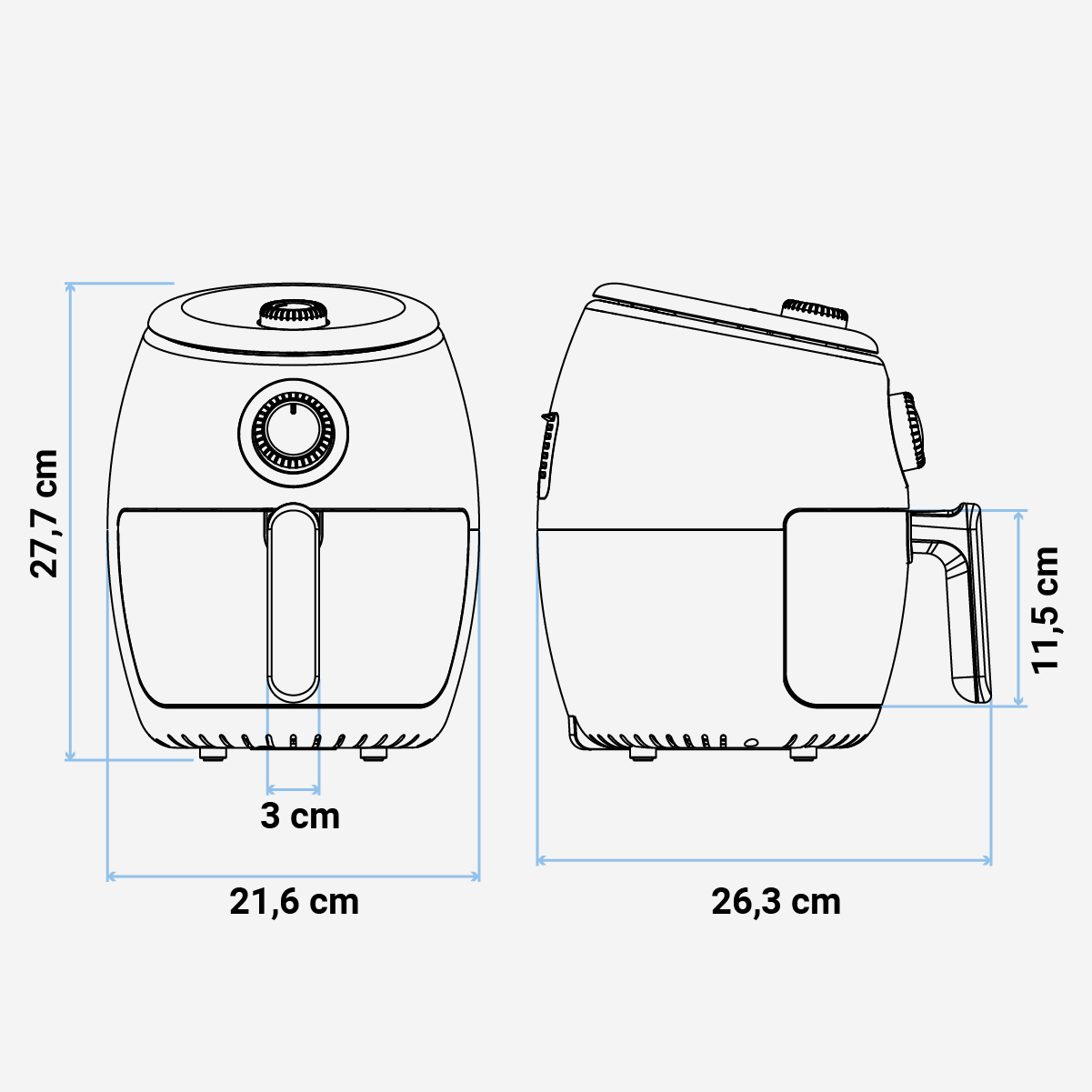 Dibujo lineal de una freidora de aire con dimensiones en cm. El fondo es blanco.