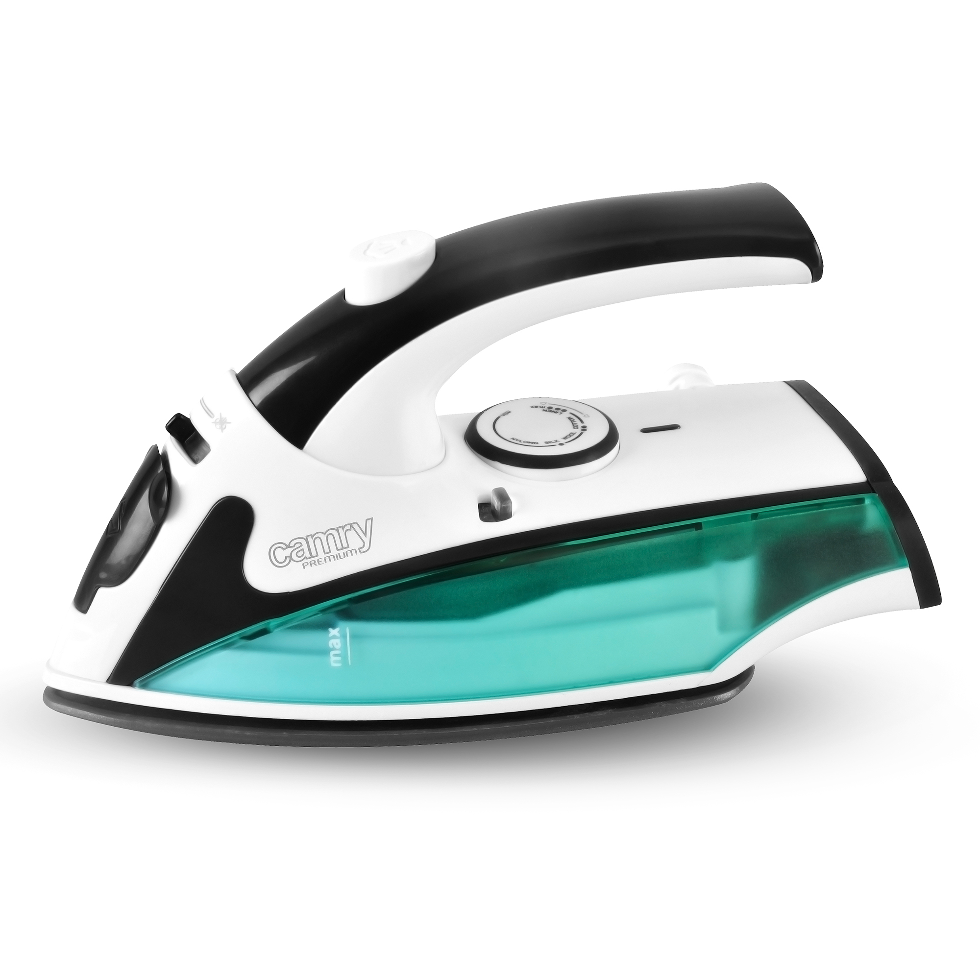 Biało-czarne żelazko z zielonym zbiornikiem na wodę, widok z boku, białe tło.