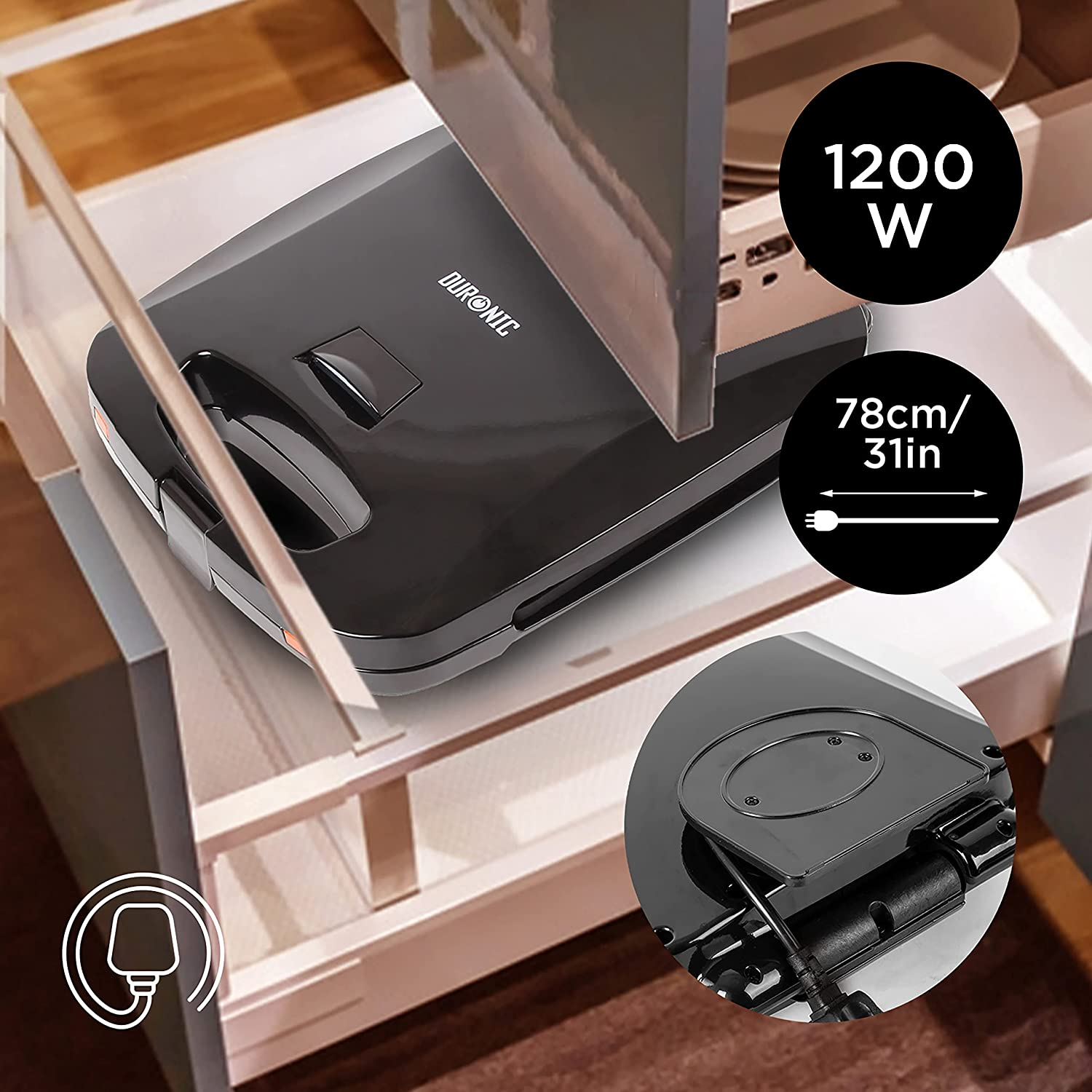 Schwarzer Sandwichmaker mit offenem Deckel. Zeigt 1200W Leistung, 78cm Größe. Details von Stecker und Basis.