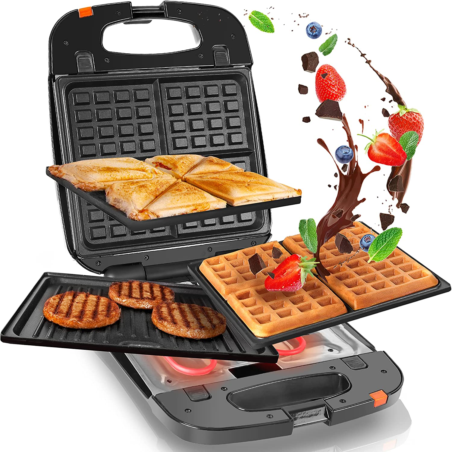 Waffeleisen mit Waffeln, Sandwiches und Burgern.