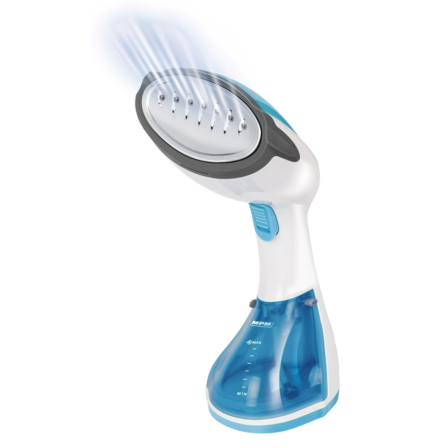 Biało-niebieski ręczny parownik do ubrań emitujący parę.