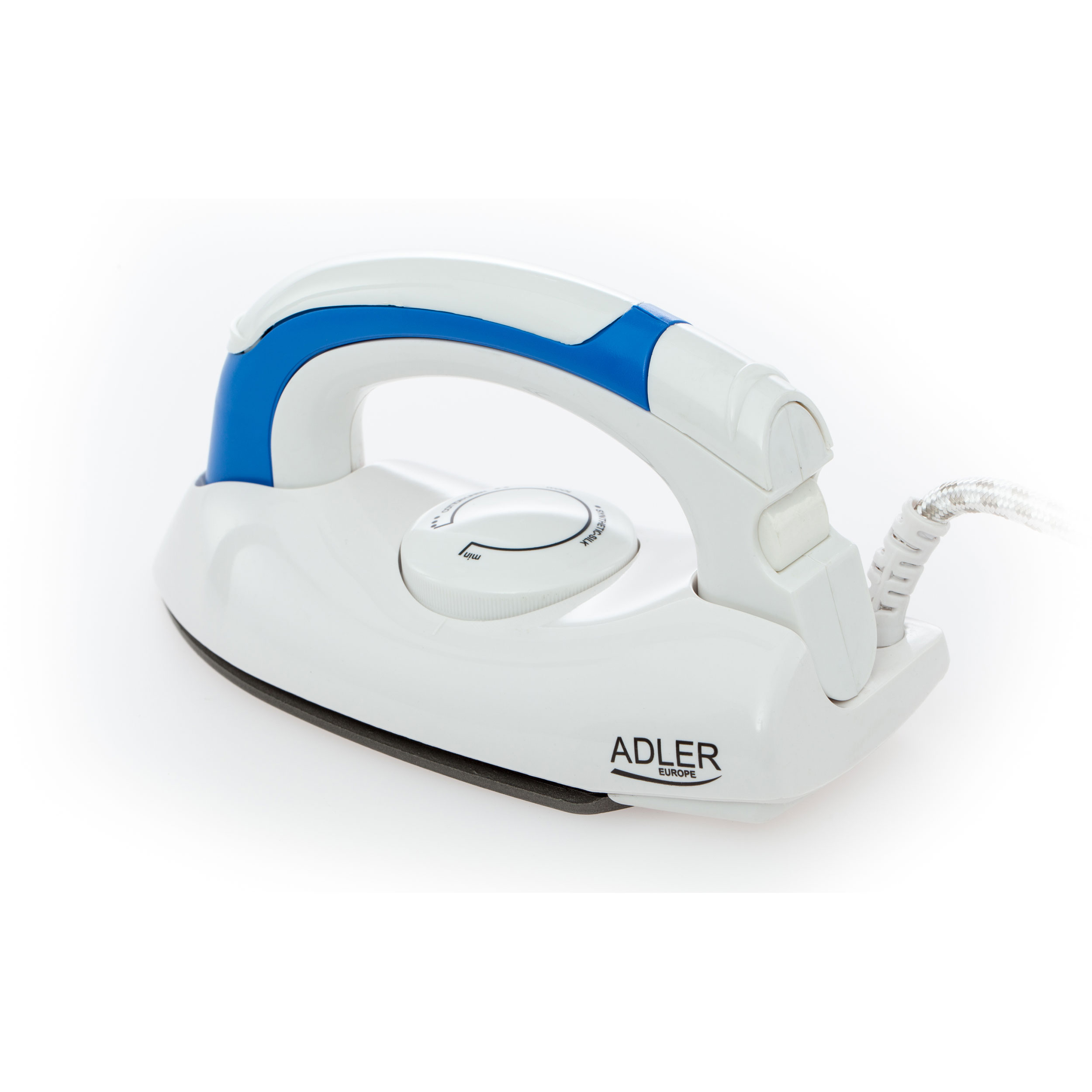 Plancha blanca y azul con perilla y logotipo ADLER Europe.